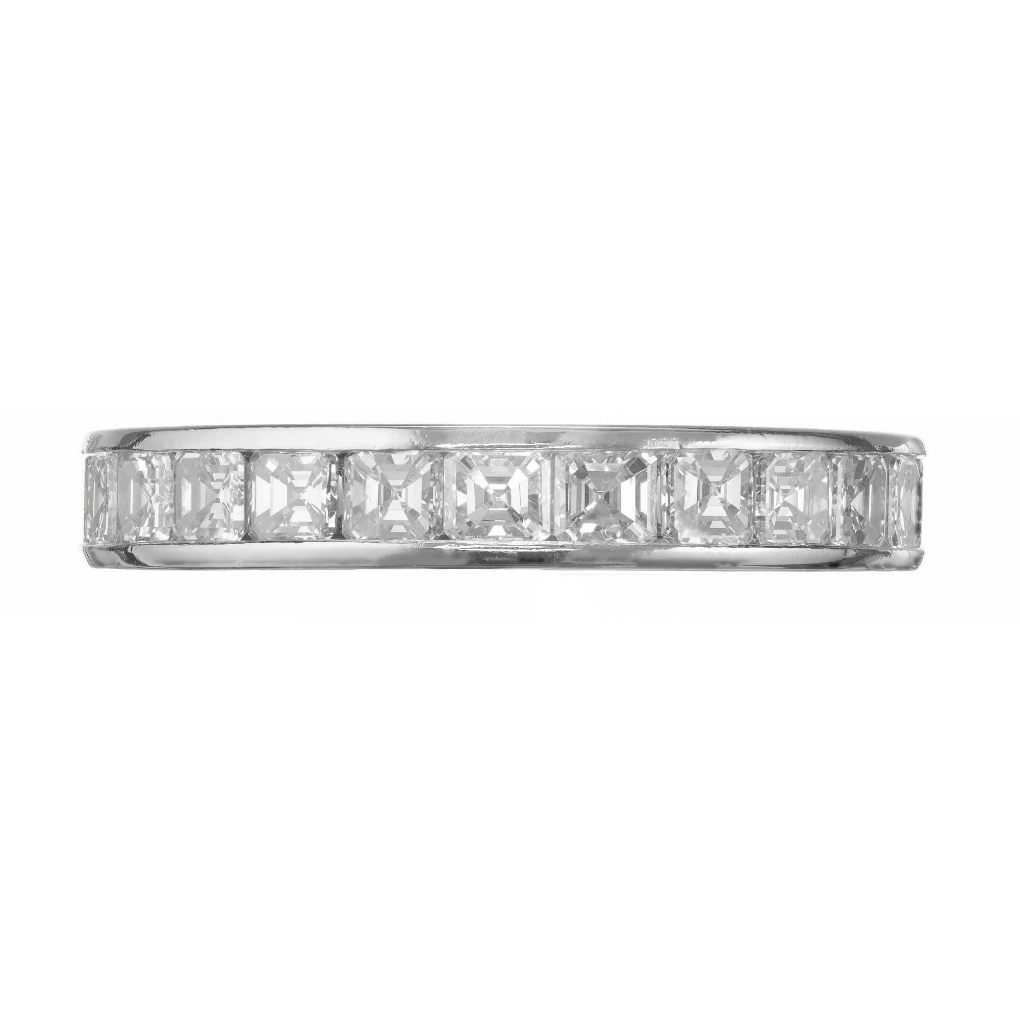 Square step asscher cut diamond platinum wedding band ring from the Peter Suchy Workshop

25 asscher cut F-G VS diamonds, Approximate 5.50cts
Size 6 ¼ - not easily sizable 
Platinum
Stamped: 950PLAT
4.7 grams
Width at top: 3.49mm
Height at top: