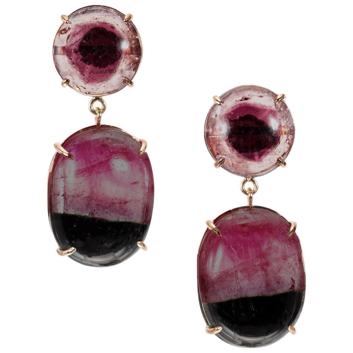 Peter Suchy 55.47 Cabochon Tourmaline Yellow Gold Dangle Earrings For Sale