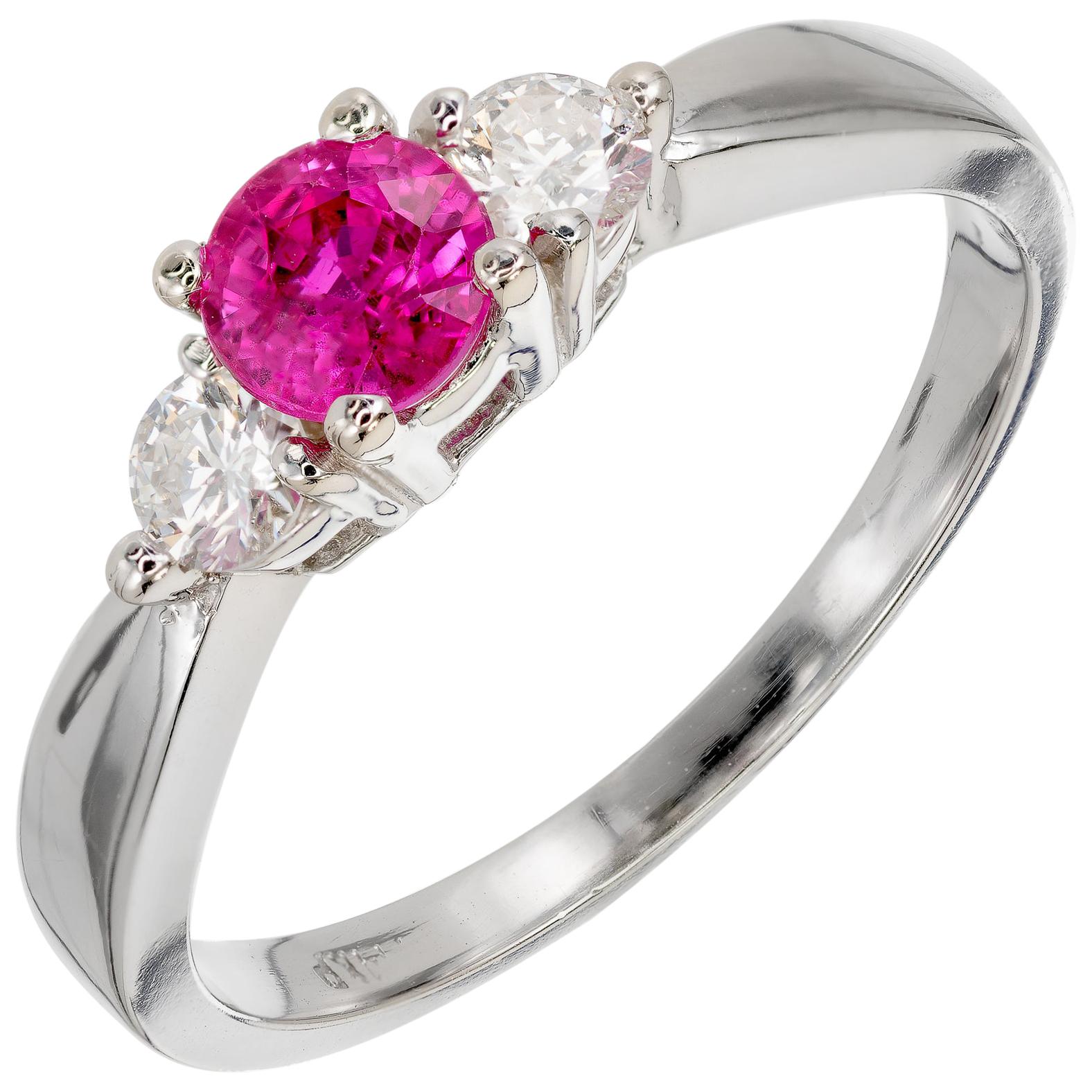 Peter Suchy .56 Carat Pink Sapphire Diamond Gold Three-Stone Engagement Ring For Sale