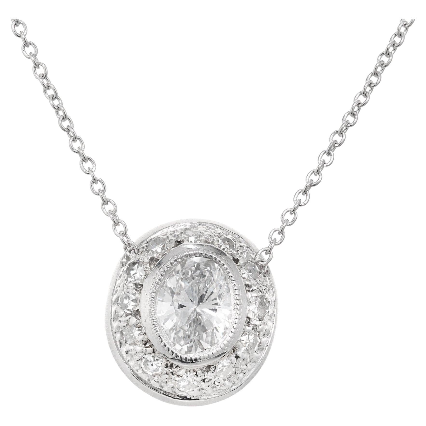 Peter Suchy .58 Carat Oval Diamond Halo Platinum Slide Pendant Necklace For Sale