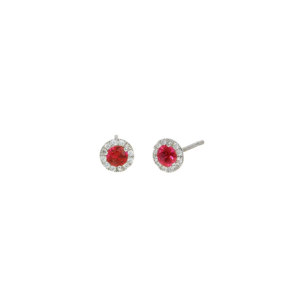Round Cut Peter Suchy .58 Carat Ruby Diamond Halo White Gold Stud Earrings  For Sale