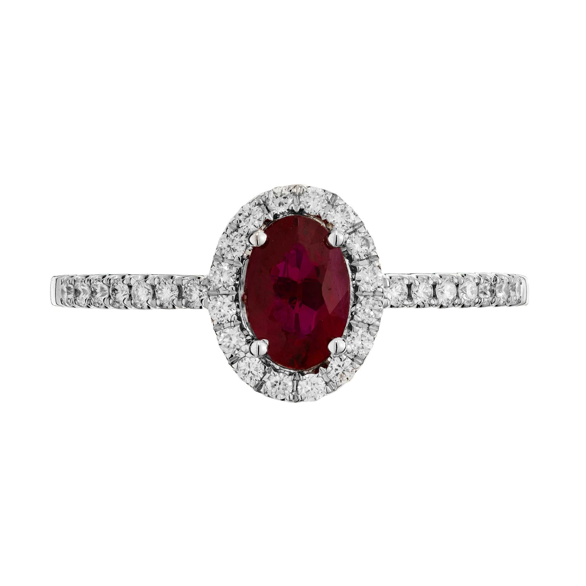 Natural ruby and diamond engagement ring. .60ct oval ruby center stone, mounted in a 14k white gold setting with a halo of round brilliant cut diamonds. Each should is also adorned with 7 round brilliant cut diamonds. The ruby has been cut for