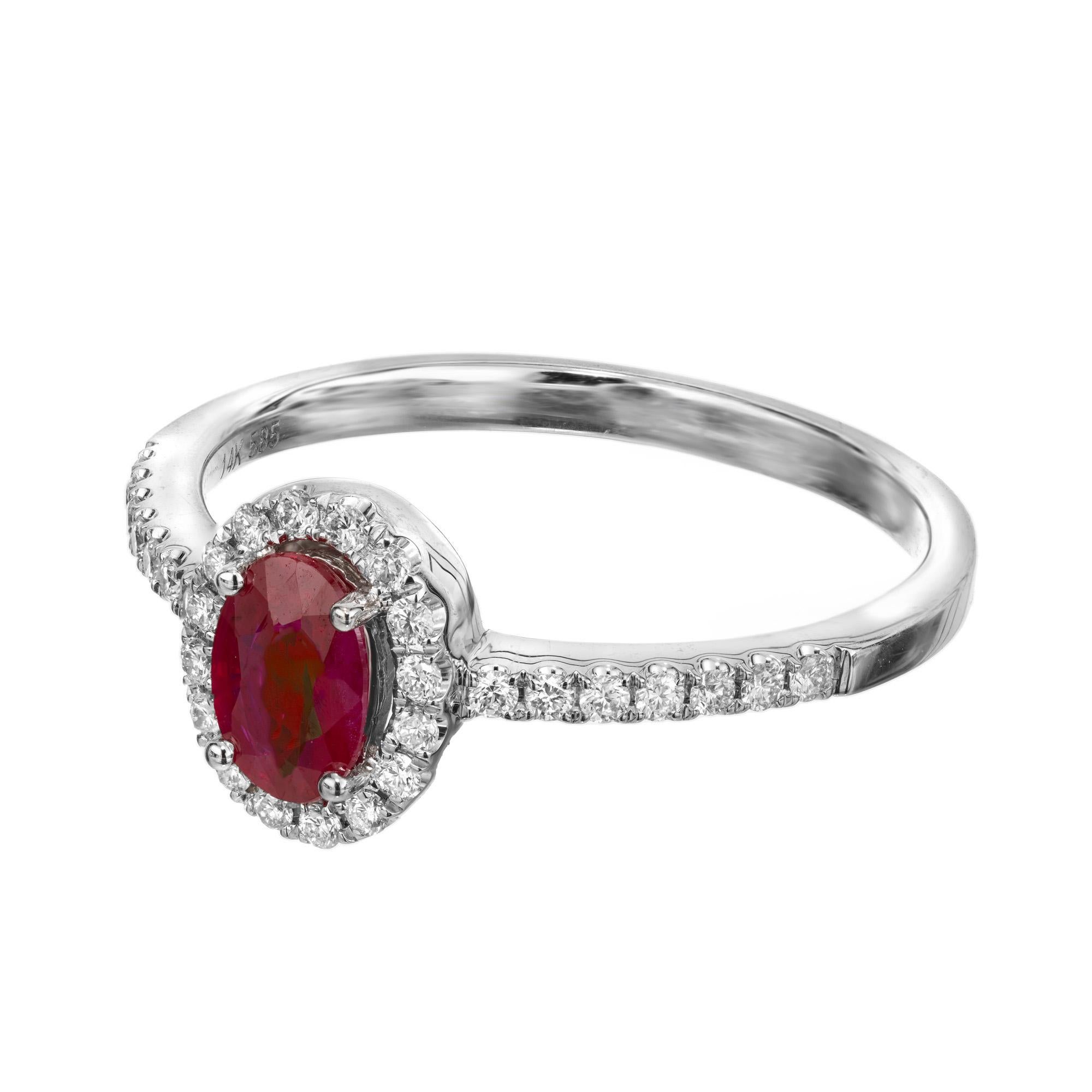 Oval Cut Peter Suchy .60 Carat Oval Ruby Diamond Halo White Gold Engagement Ring For Sale
