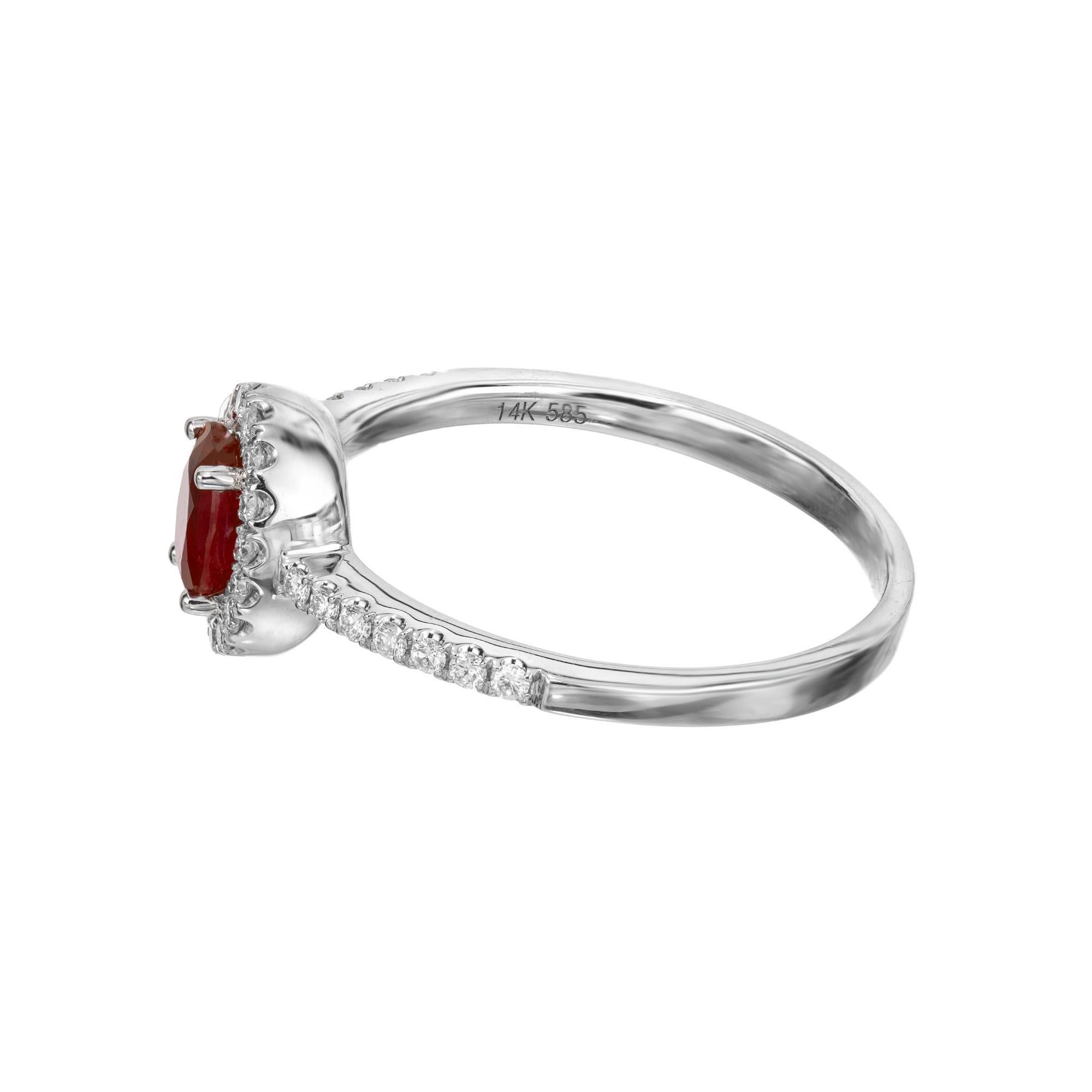 Peter Suchy .60 Carat Oval Ruby Diamond Halo White Gold Engagement Ring In New Condition For Sale In Stamford, CT