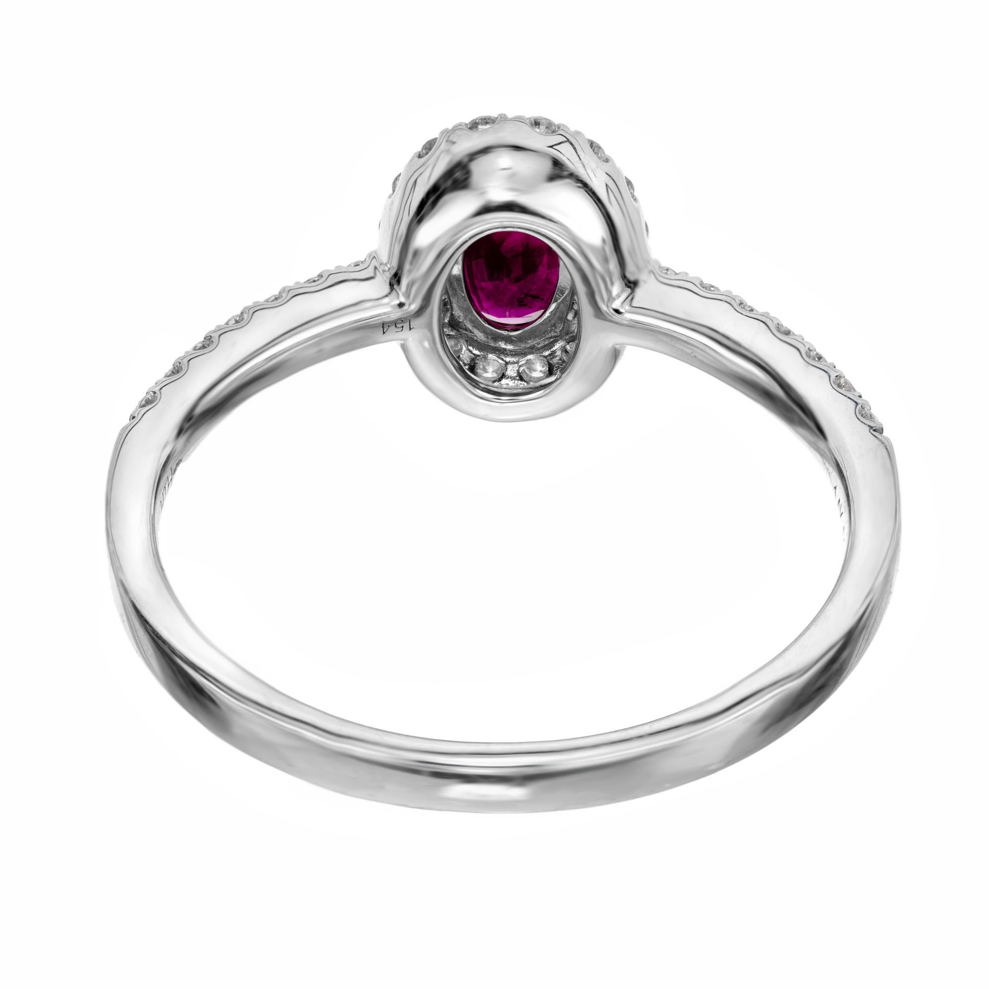 Oval Cut Peter Suchy .60 Carat Oval Ruby Diamond Halo White Gold Engagement Ring For Sale