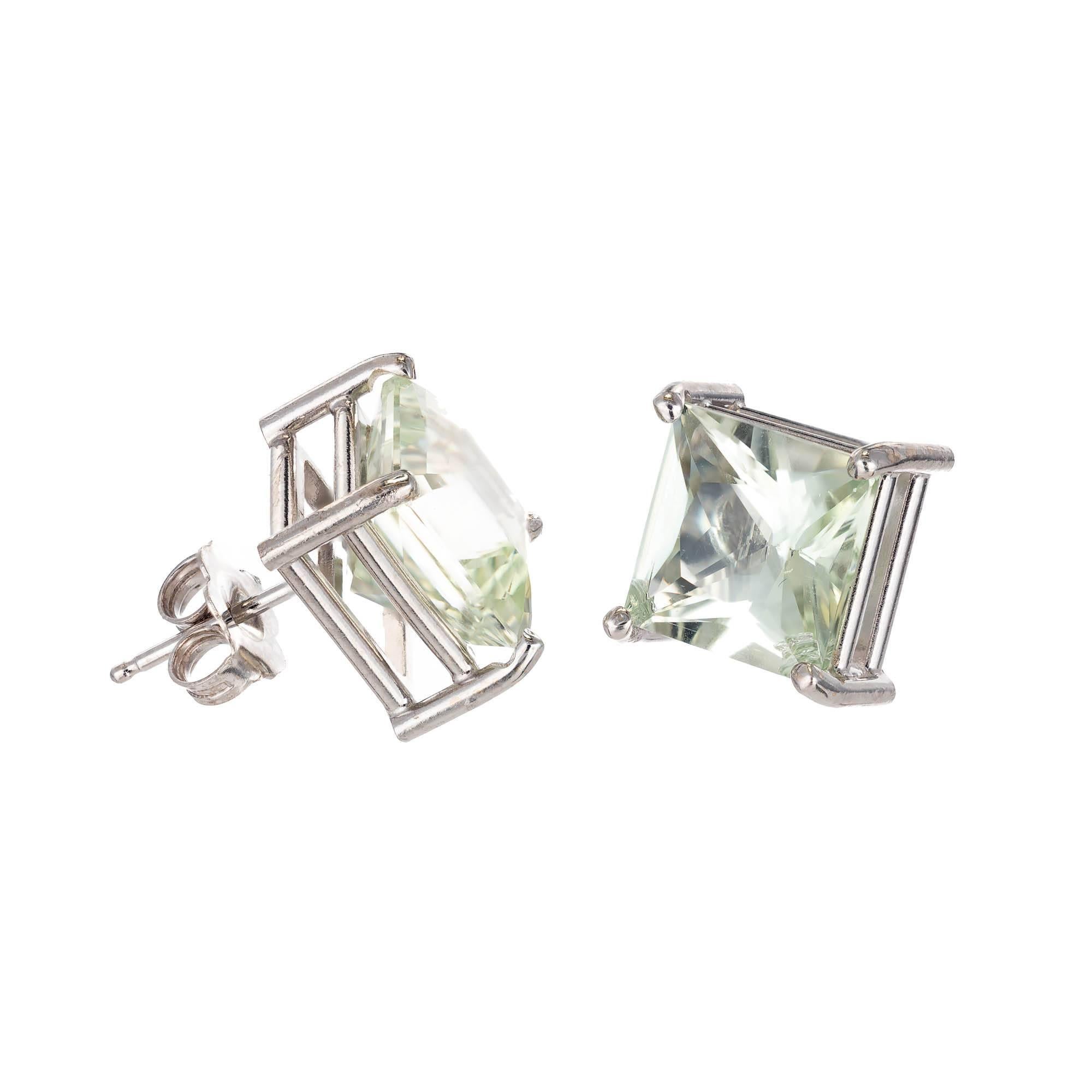 Original untreated square sea green Beryl stud earrings. The stones were mounted in simple 14k white gold wire baskets crafted in the Peter Suchy Workshop. The Beryl is very bright with a soft light green-blue color. 

2 square 6.13ct sea green