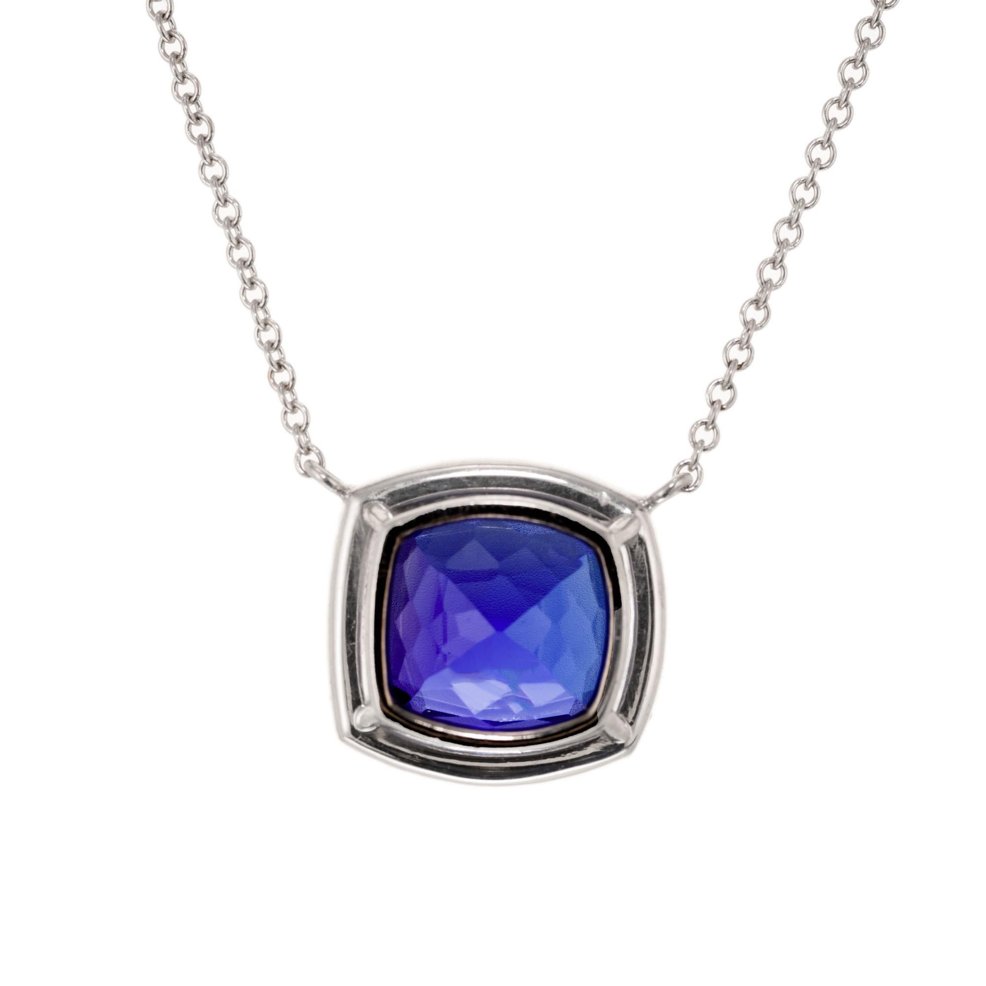 Cushion Cut Peter Suchy 6.18 Carat Blue Tanzanite Diamond Halo White Gold Pendant Necklace