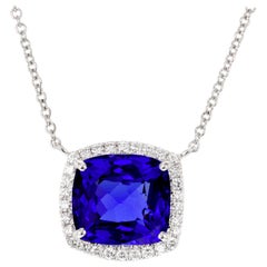 Peter Suchy 6.18 Carat Blue Tanzanite Diamond Halo White Gold Pendant Necklace