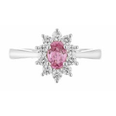 Peter Suchy: 0,62 carati, zaffiro rosa ovale, diamante, anello di fidanzamento aureolato in oro