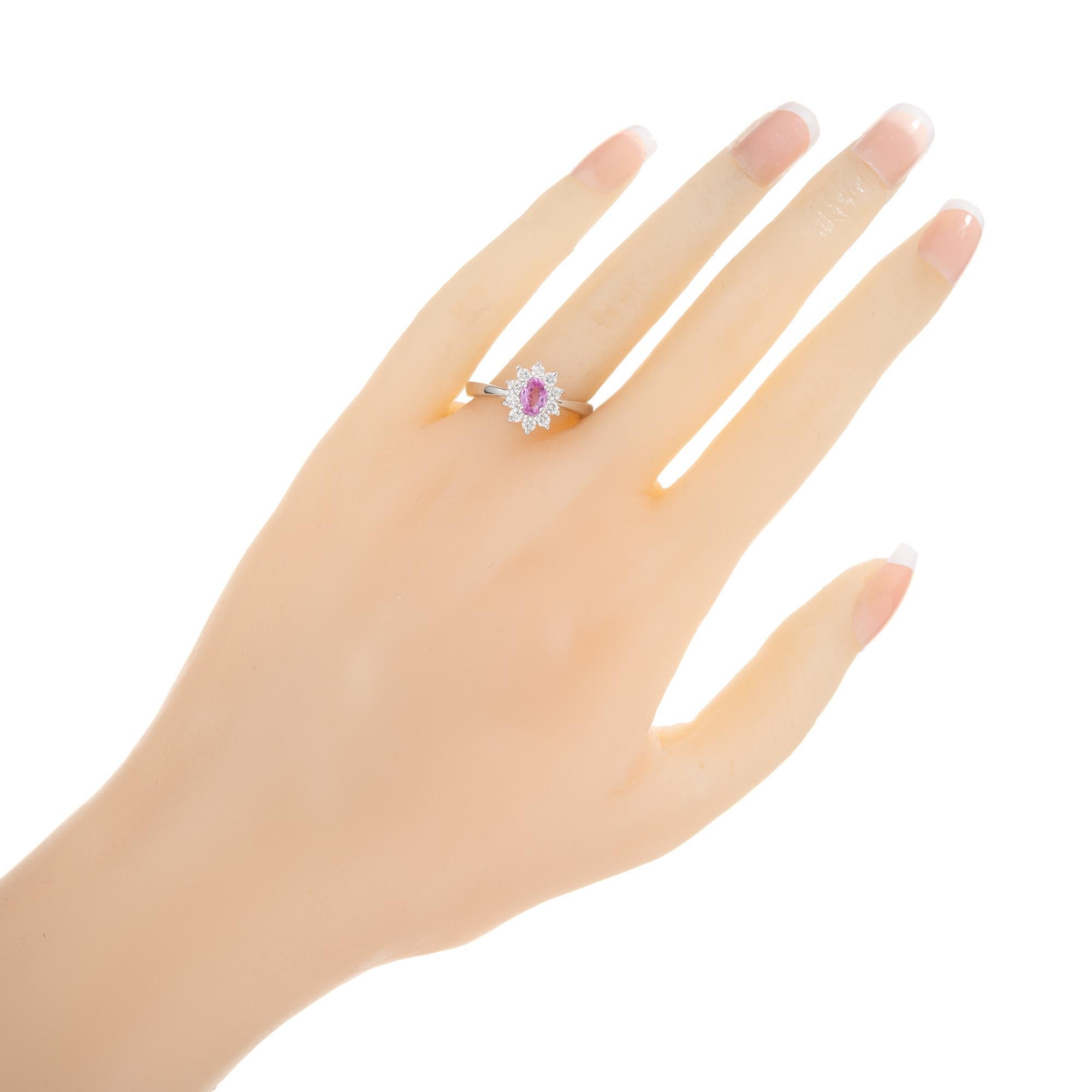 Peter Suchy .62 Carat Oval Pink Sapphire Diamond Halo Gold Engagement Ring  For Sale 2