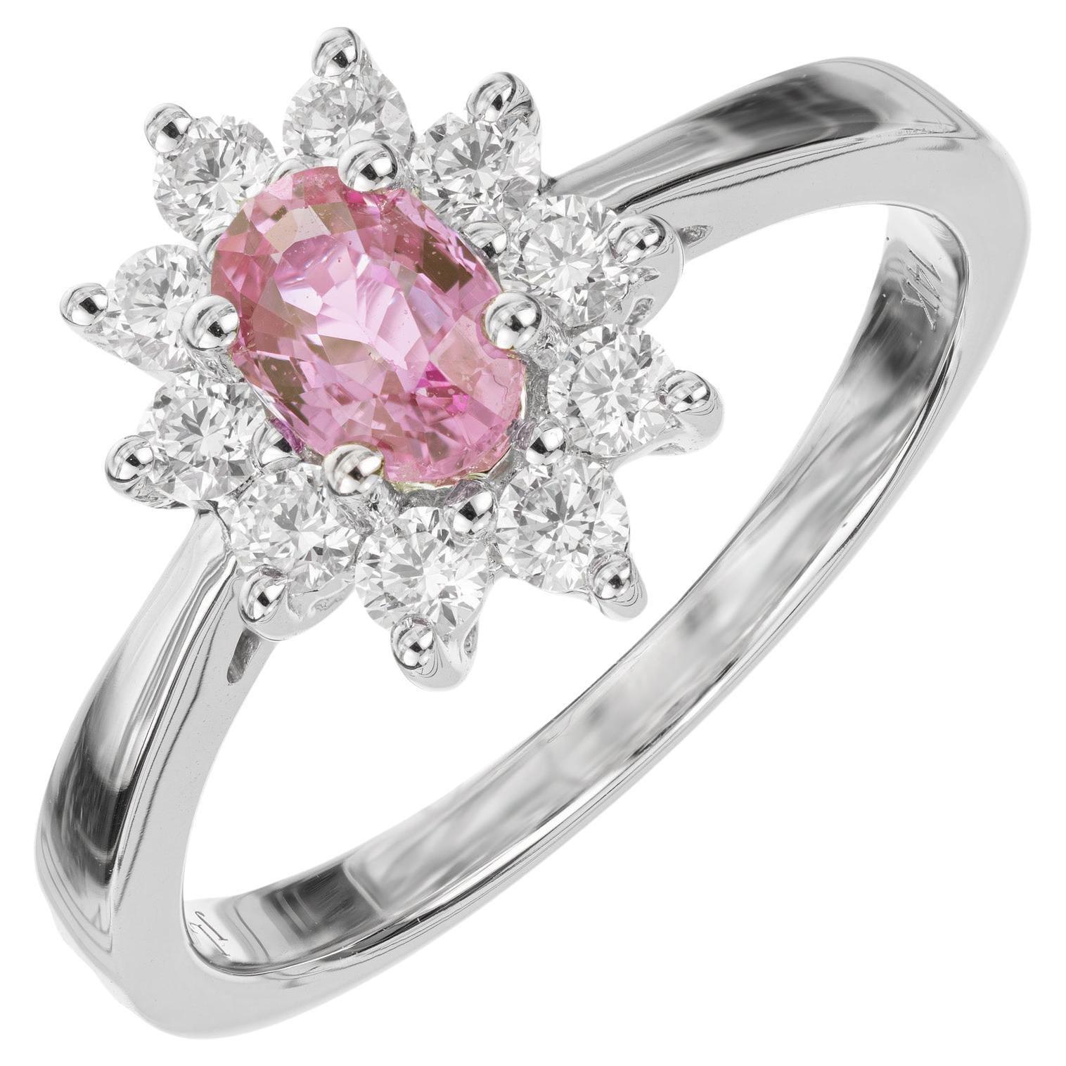 Peter Suchy .62 Carat Oval Pink Sapphire Diamond Halo Gold Engagement Ring  For Sale