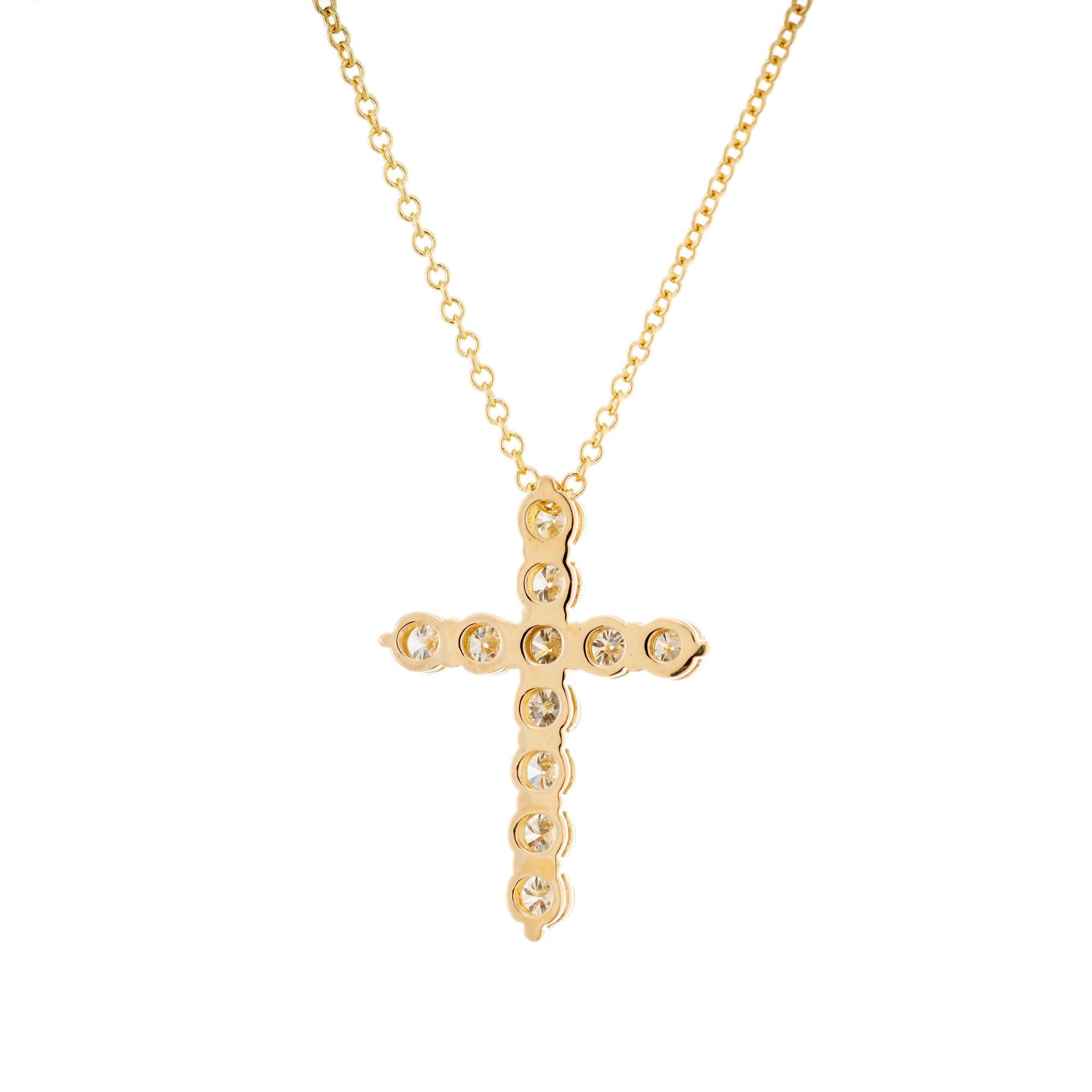 Round Cut Peter Suchy .63 Carat Diamond Yellow Gold Cross Pendant Necklace For Sale