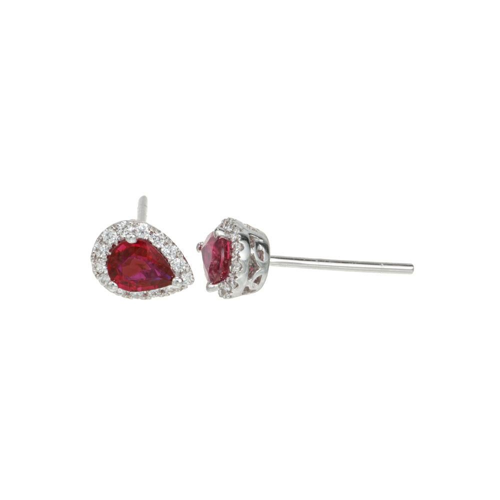 Women's Peter Suchy .63 Carat Pear Ruby Diamond White Gold Halo Stud Earrings  For Sale