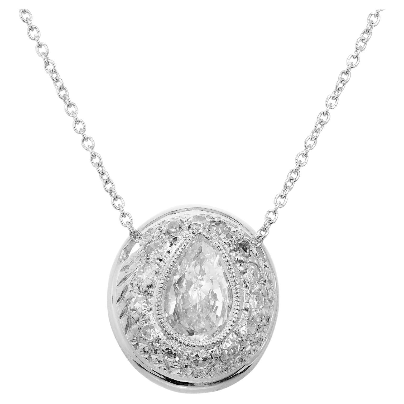 Peter Suchy .64 Carat Pear Diamond Halo Platinum Slide Pendant Necklace  For Sale