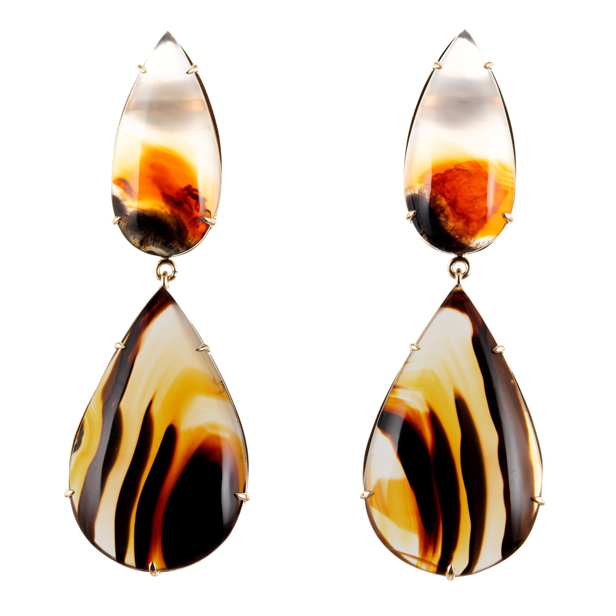 Peter Suchy 65.72 Carat Banded Agate Yellow Gold Dangle Earrings For Sale