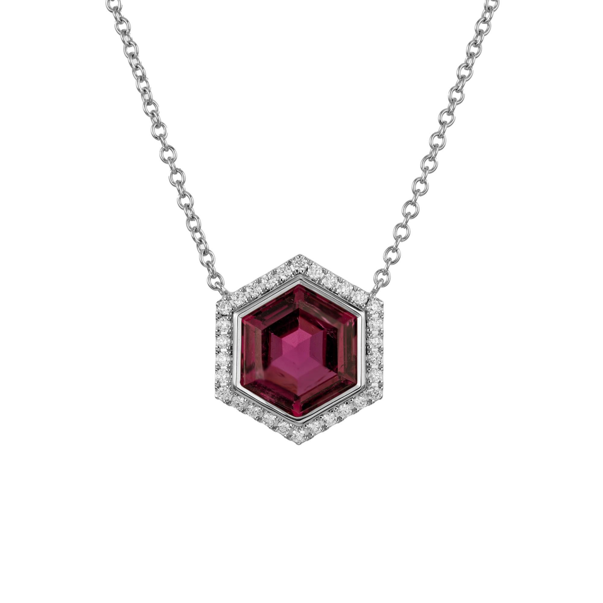 Hexagon Cut Peter Suchy 6.82 Carat Tourmaline Diamond White Gold Halo Pendant Necklace For Sale