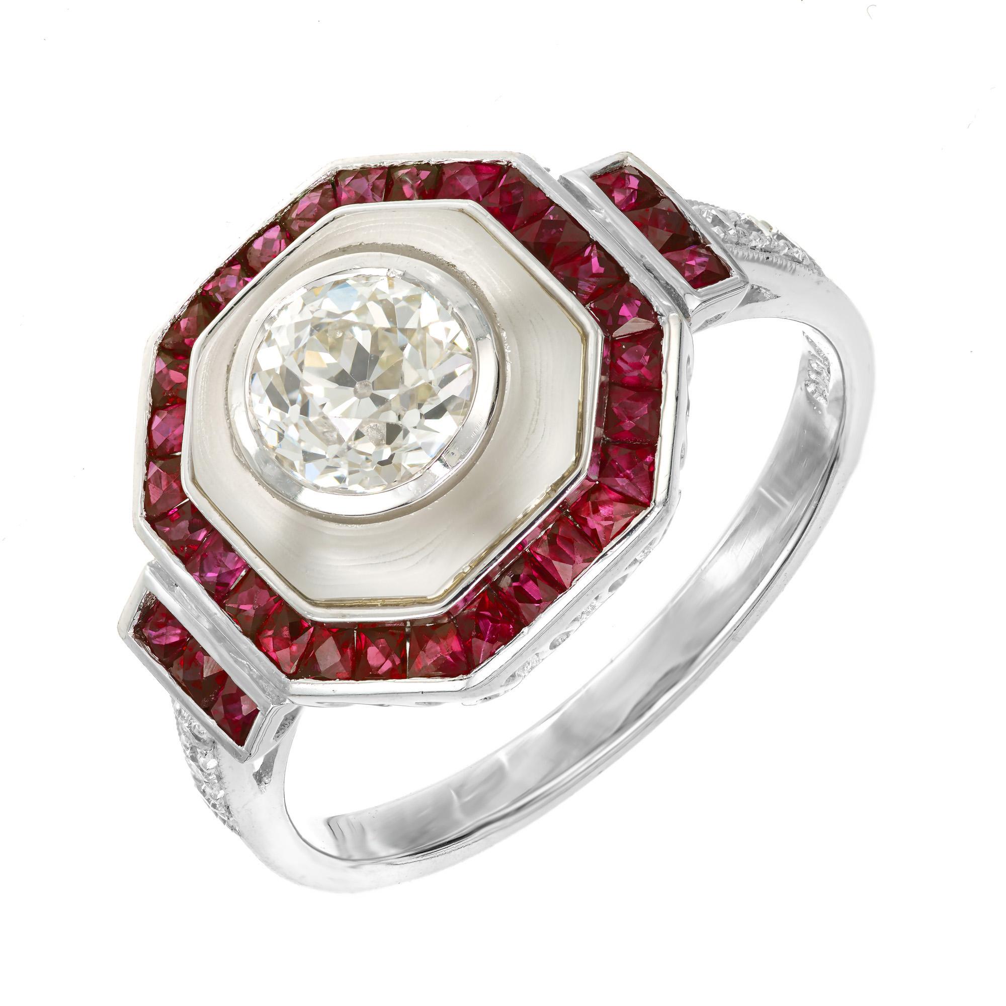 Ruby Diamond Angel Skin Quartz Platinum engagement Ring. 1 EGL certified, Old European cut .69cts center diamond with frosted Angel skin Quartz with Calibré cut Ruby halo in a platinum setting with 6 round cut accent diamonds. Created in the Peter