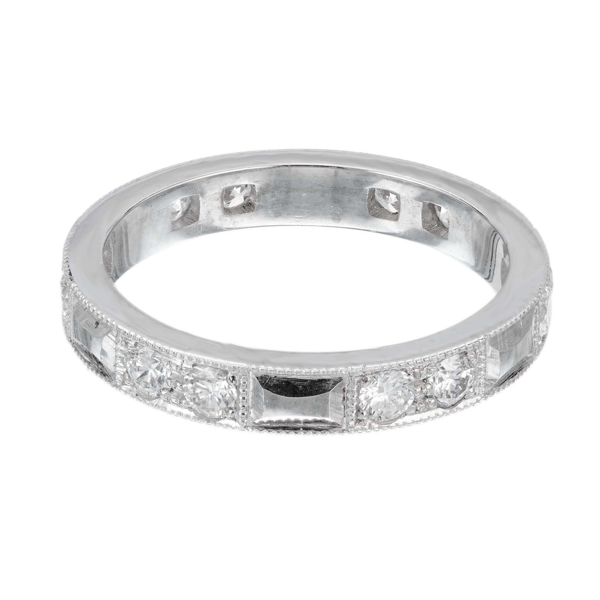 Peter Suchy unique custom-made platinum antique inspired wedding band with alternating double diamonds separated with platinum rectangles sections separated by platinum.

12 Ideal round brilliant cut diamonds, F-G VS approx. .70cts
Size 6.5 and