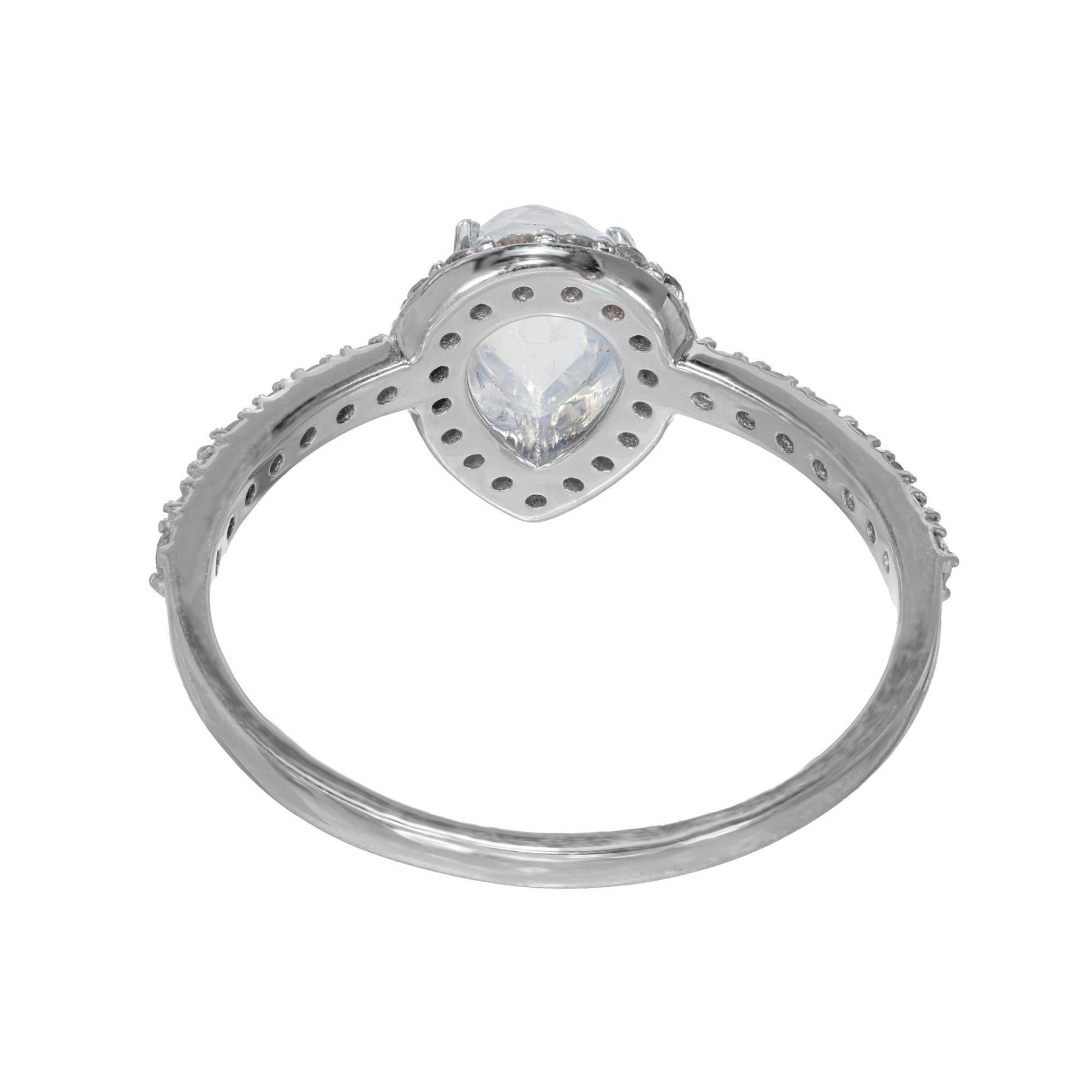 Pear Cut Peter Suchy .70 Carat Pear Moonstone Diamond Halo White Gold Engagement Ring For Sale