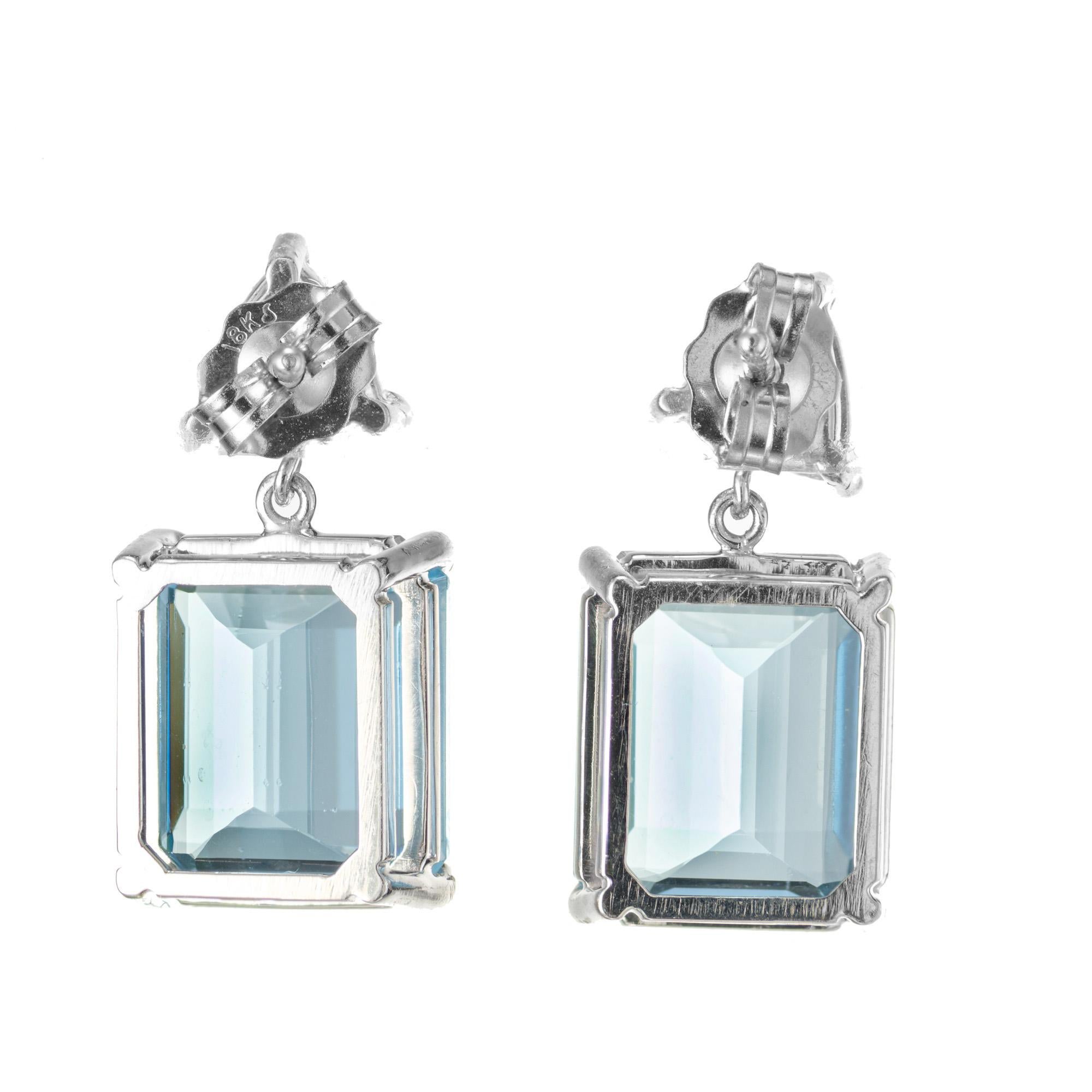 Emerald Cut Peter Suchy 7.06 Carat Aqua Diamond White Gold Dangle Earrings For Sale