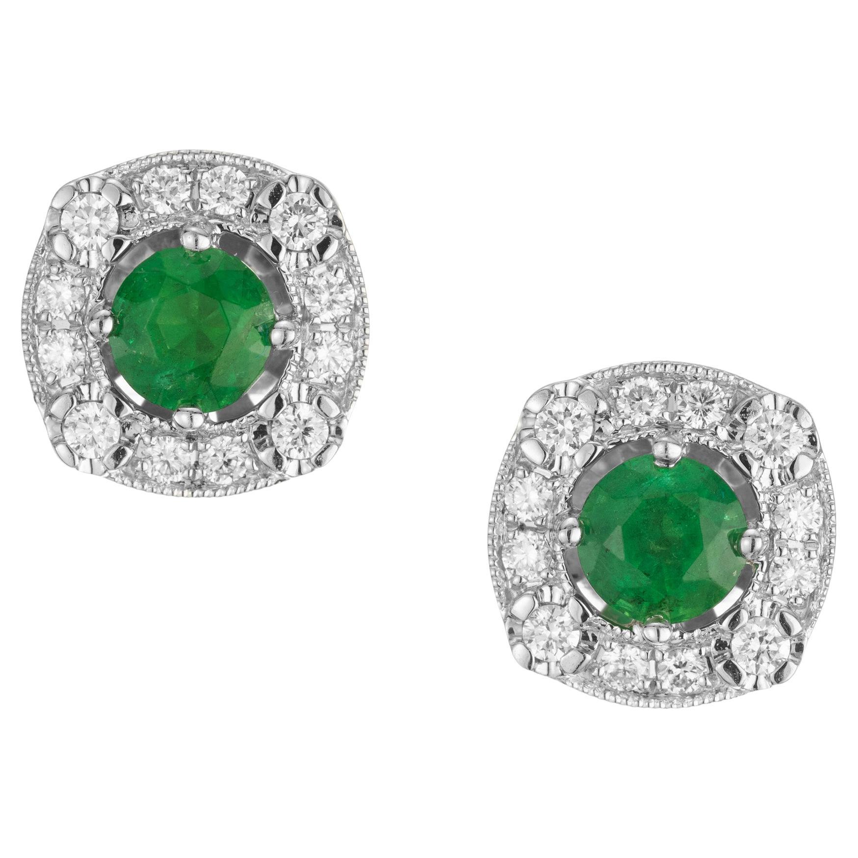 Peter Suchy .73 Carat Round Emerald Diamond White Gold Halo Earrings