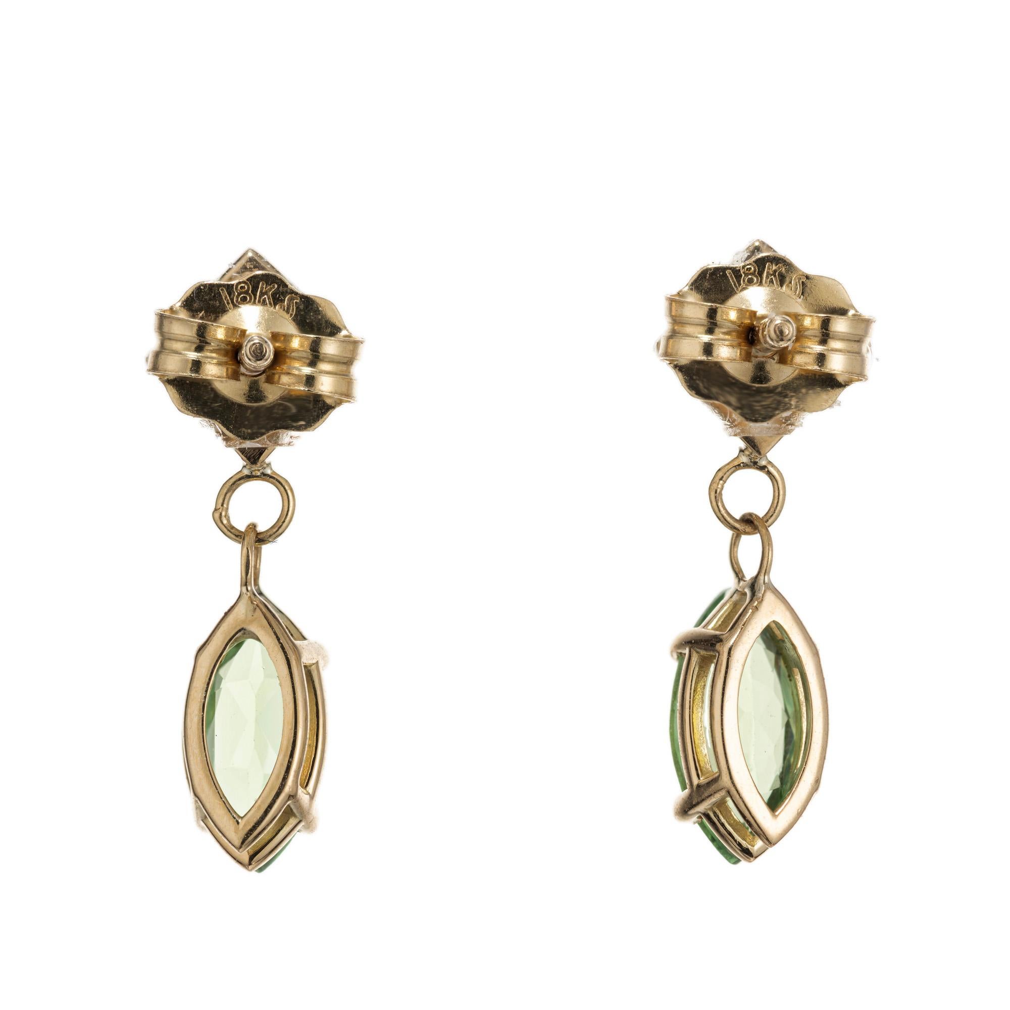 Marquise Cut Peter Suchy .73 Carat Tsavorite Garnet Diamond Yellow Gold Dangle Earrings For Sale