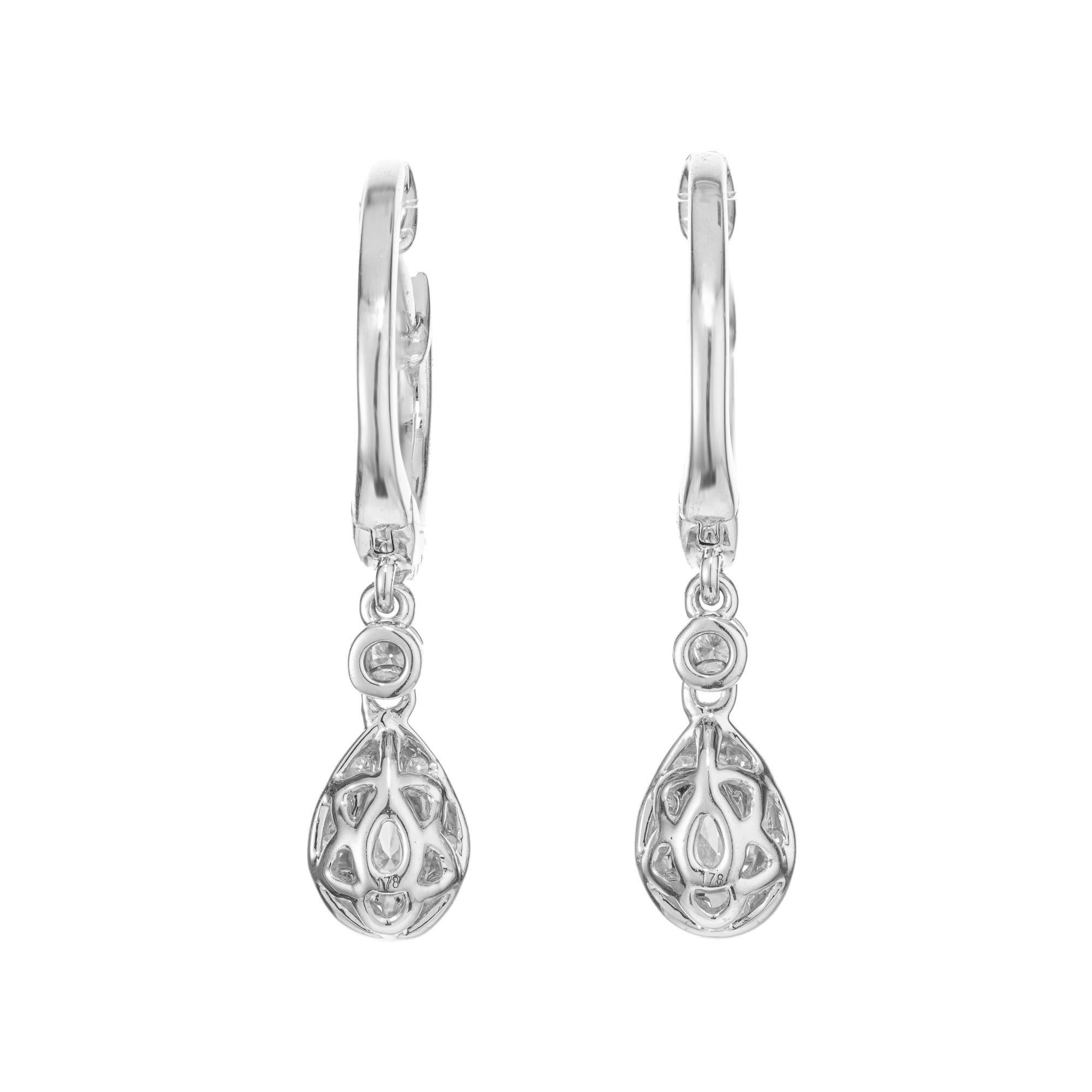 Pear Cut Peter Suchy .74 Carat Pear Diamond Halo White Gold Hoop Dangle Earrings  For Sale