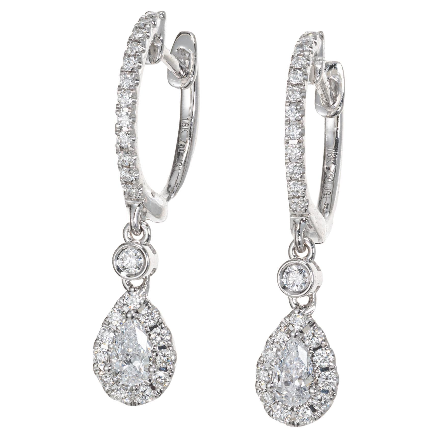 Peter Suchy .74 Carat Pear Diamond Halo White Gold Hoop Dangle Earrings  For Sale