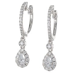 Peter Suchy .74 Carat Pear Diamond Halo White Gold Hoop Dangle Earrings 