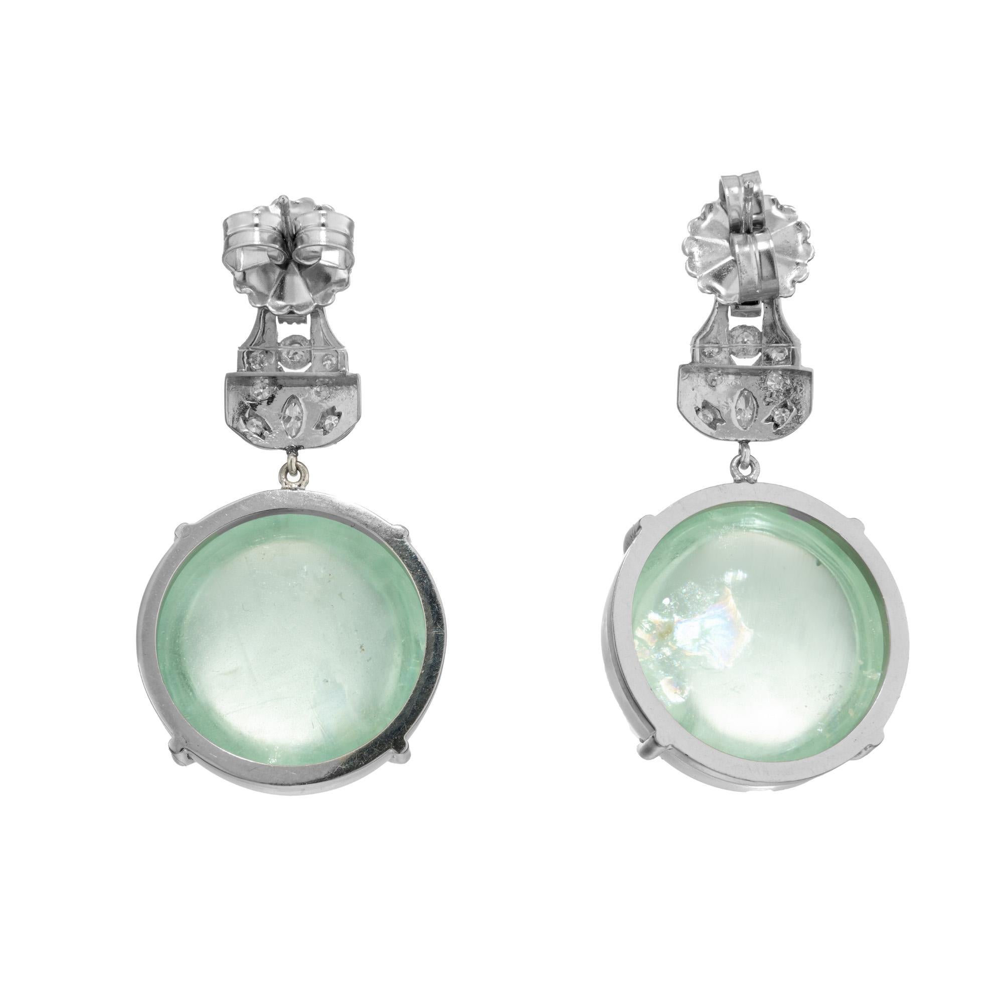 Round Cut Peter Suchy 74.23 Carat Cabochon Aqua Diamond Platinum Dangle Earrings For Sale