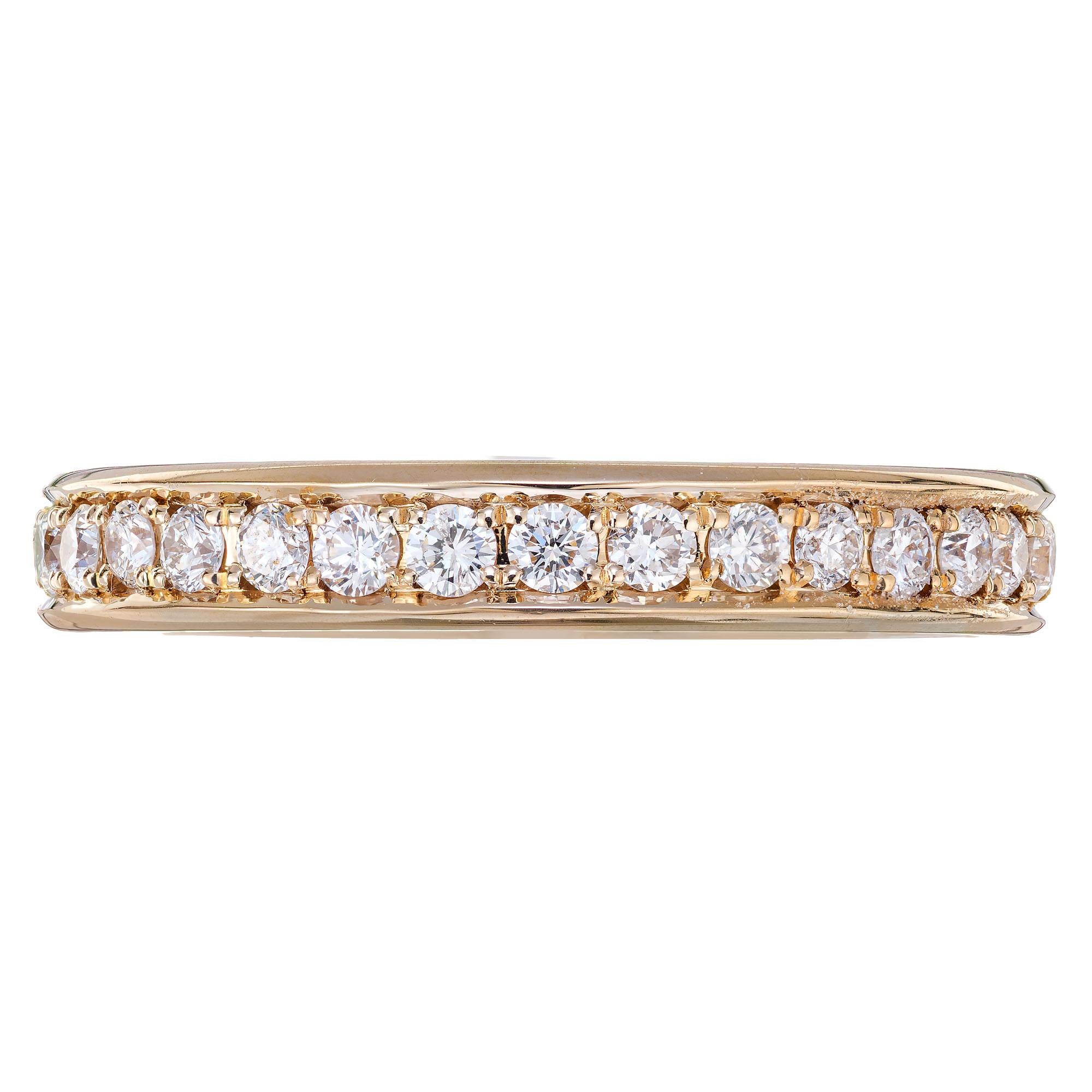 Diamond eternity wedding band ring. 31 round cut diamonds in a 14k yellow gold eternity band. Custom made in Victorian Revival style by the Peter Suchy Workshop. 

31 round diamonds, approx. total weight .75cts, F-G, VS
Size 6.25 (Order or
