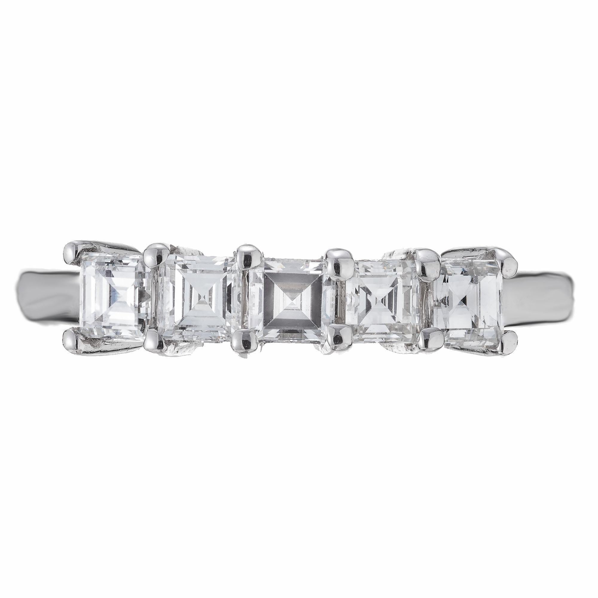 Five square cut diamond common prong wedding band platinum ring. Created in the Peter Suchy workshop.

5 square cut diamonds, G VS approx. .75cts
Size 6 and sizable
Platinum 
Stamped: PLAT
5.2 grams
Width at top: 4.0mm
Height at top: 4.1mm
Width at