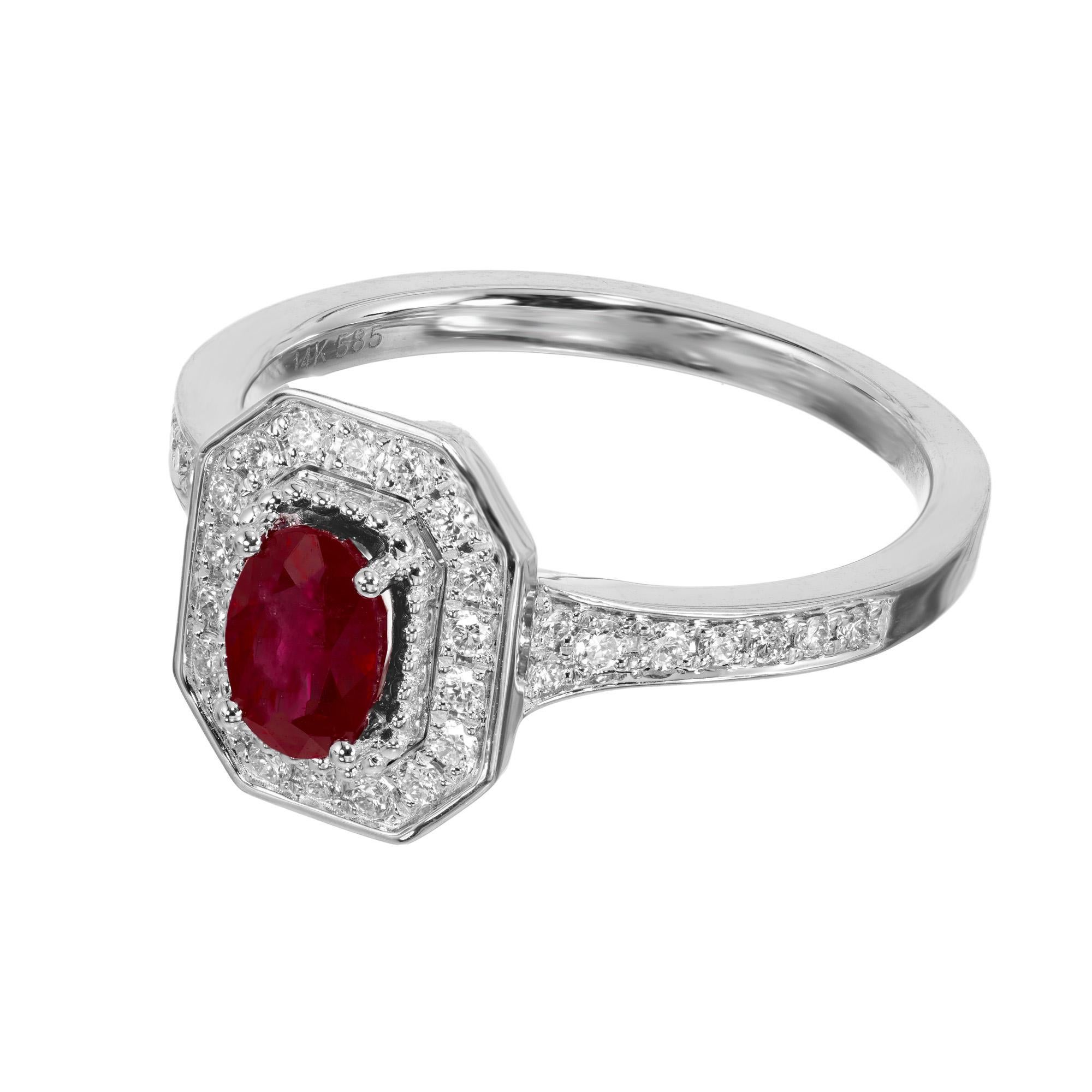 Oval Cut Peter Suchy .77 Carat Oval Ruby Diamond Halo White Gold Engagement Ring  For Sale