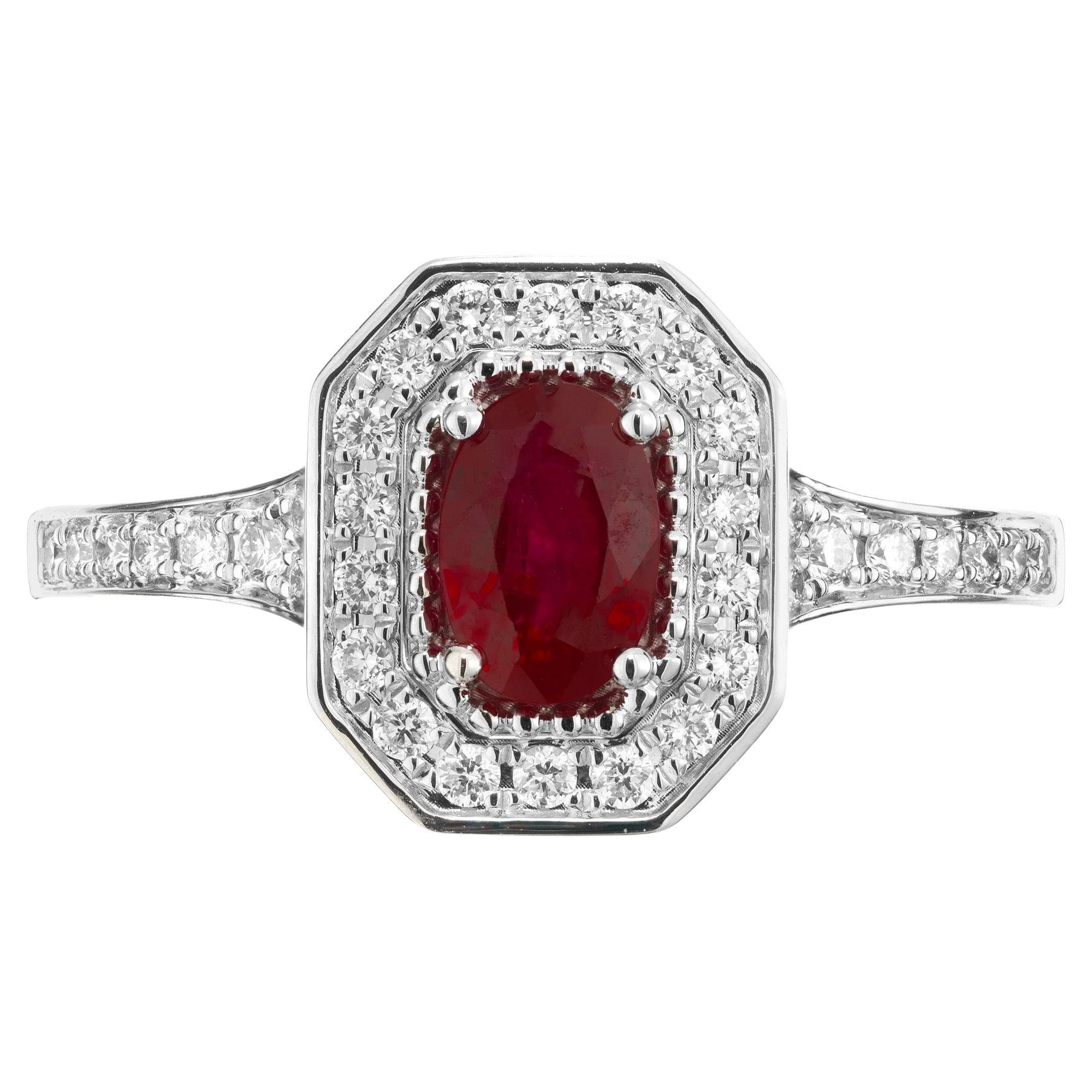 Peter Suchy .77 Carat Oval Ruby Diamond Halo White Gold Engagement Ring  For Sale