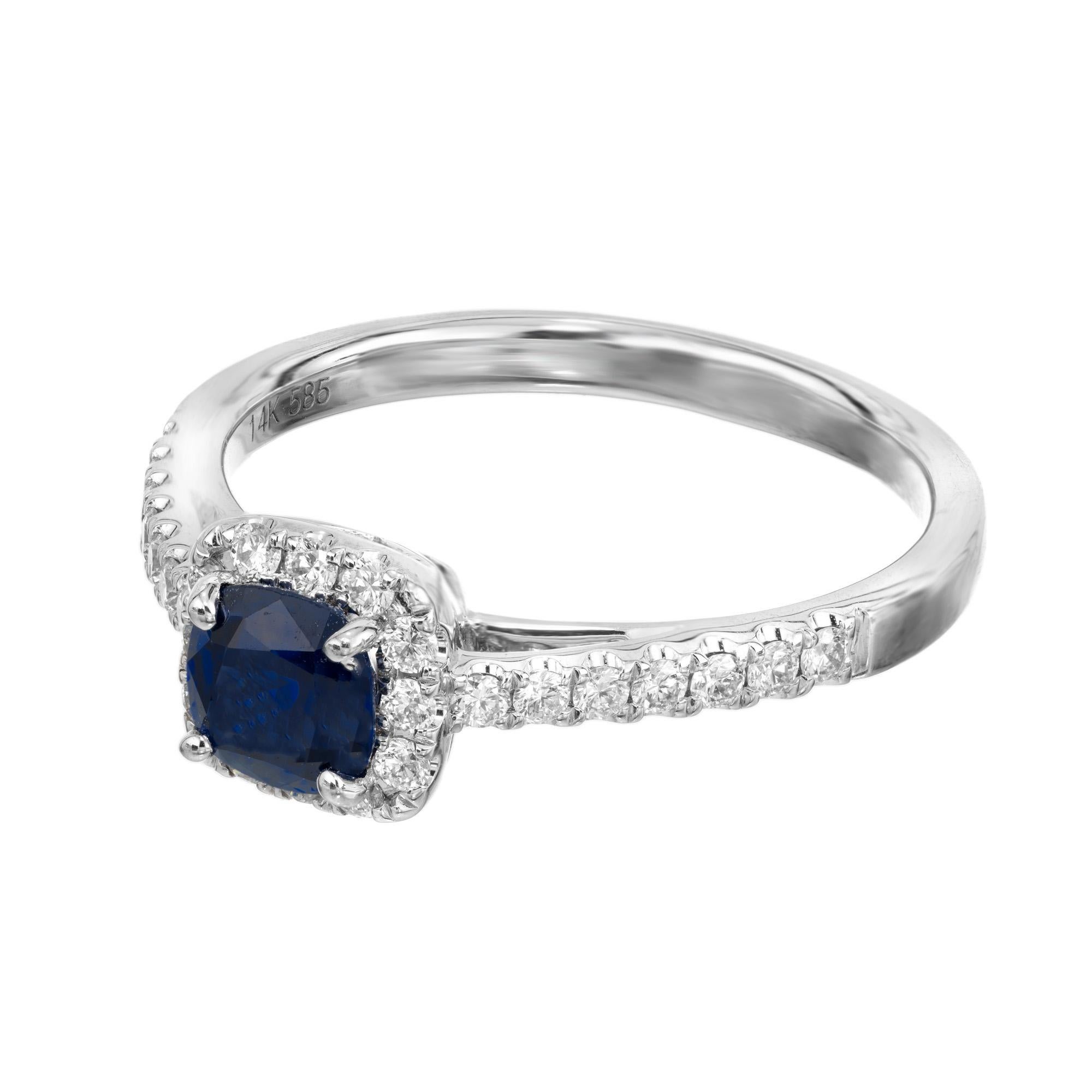 Cushion Cut Peter Suchy .77 Carat Sapphire Diamond White Gold Halo Engagement Ring  For Sale
