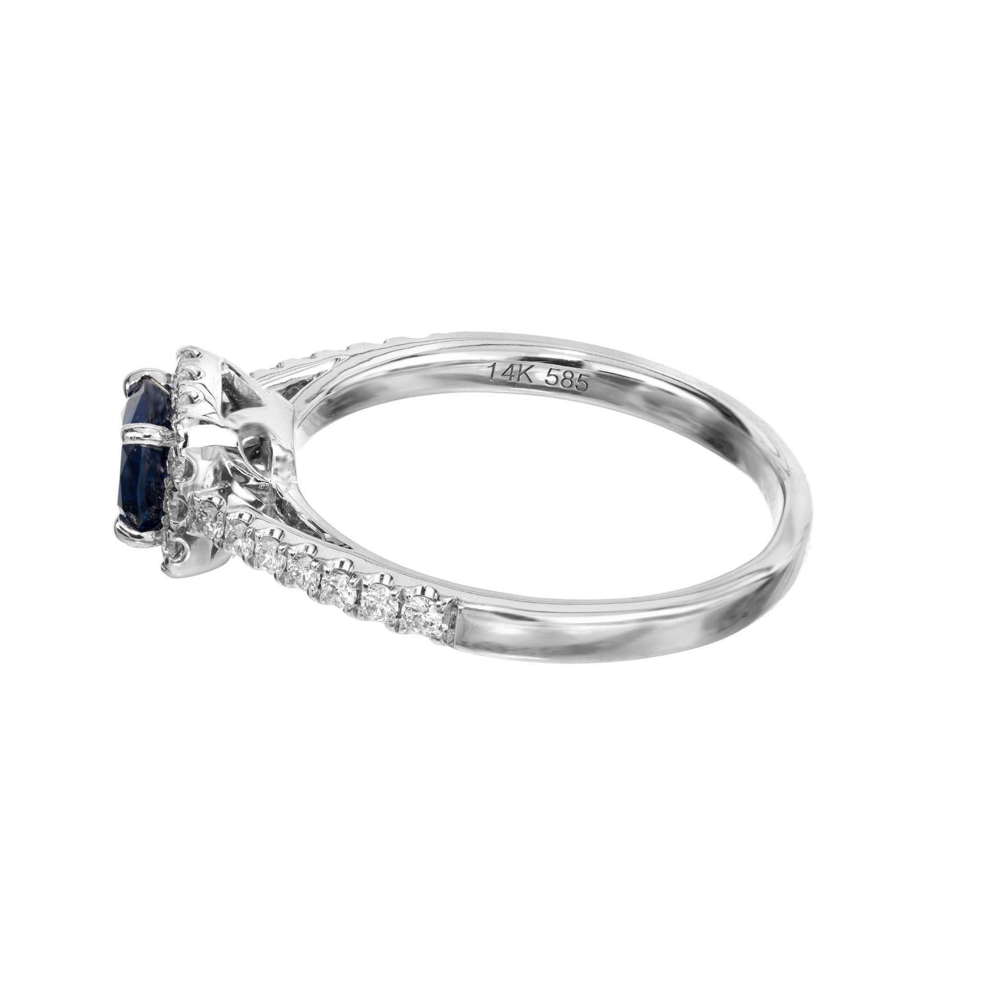 Peter Suchy .77 Carat Sapphire Diamond White Gold Halo Engagement Ring  In New Condition For Sale In Stamford, CT