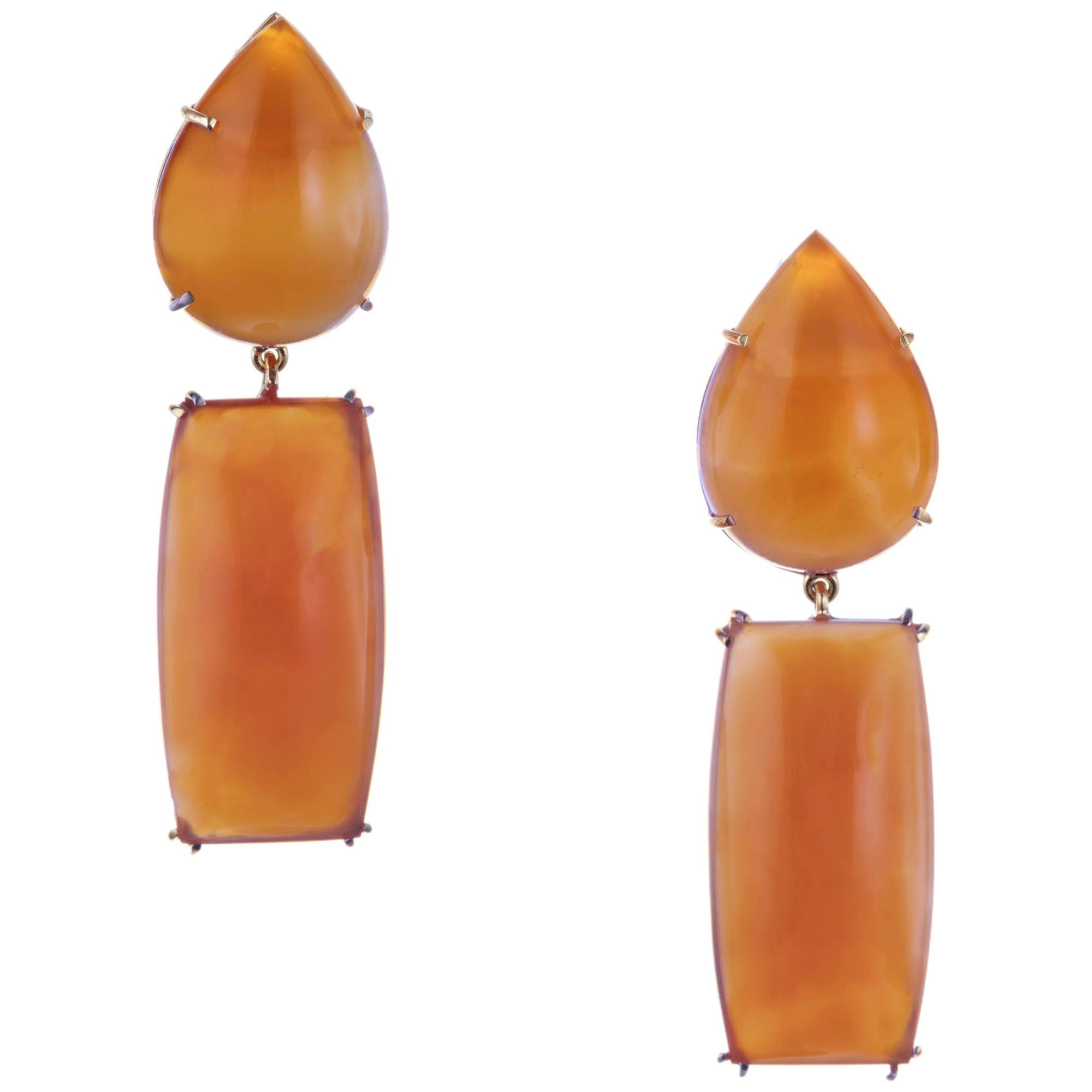 Peter Suchy 77.57 Carat Orange Chalcedony Yellow Gold Dangle Earrings