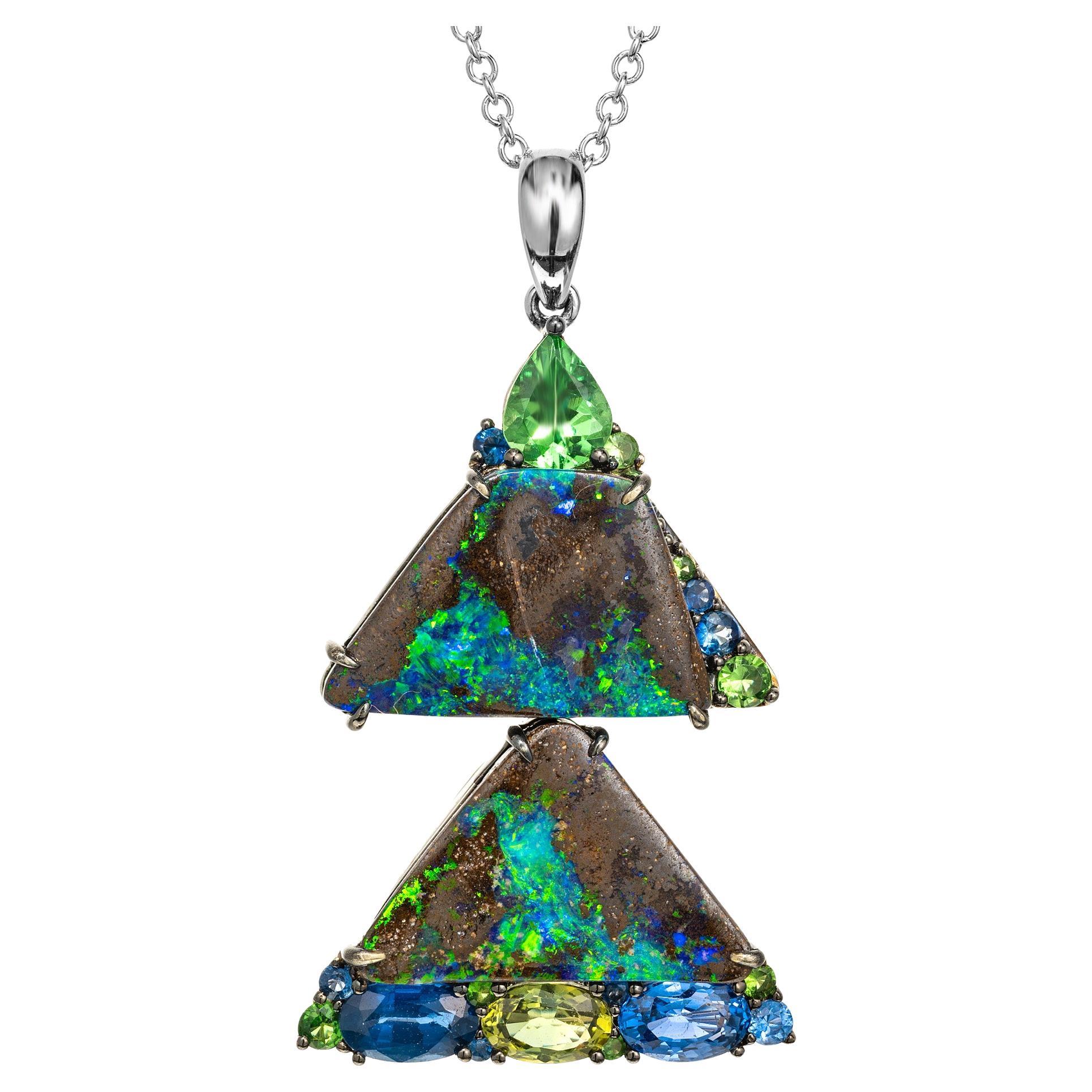 Peter Suchy 7.97 Carat Opal Sapphire Garnet White Gold Pendant Necklace