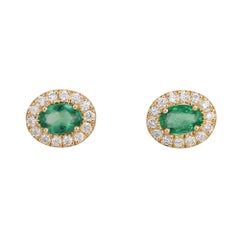 Peter Suchy .81 Cart Oval Emerald Diamond Halo Yellow Gold Earrings