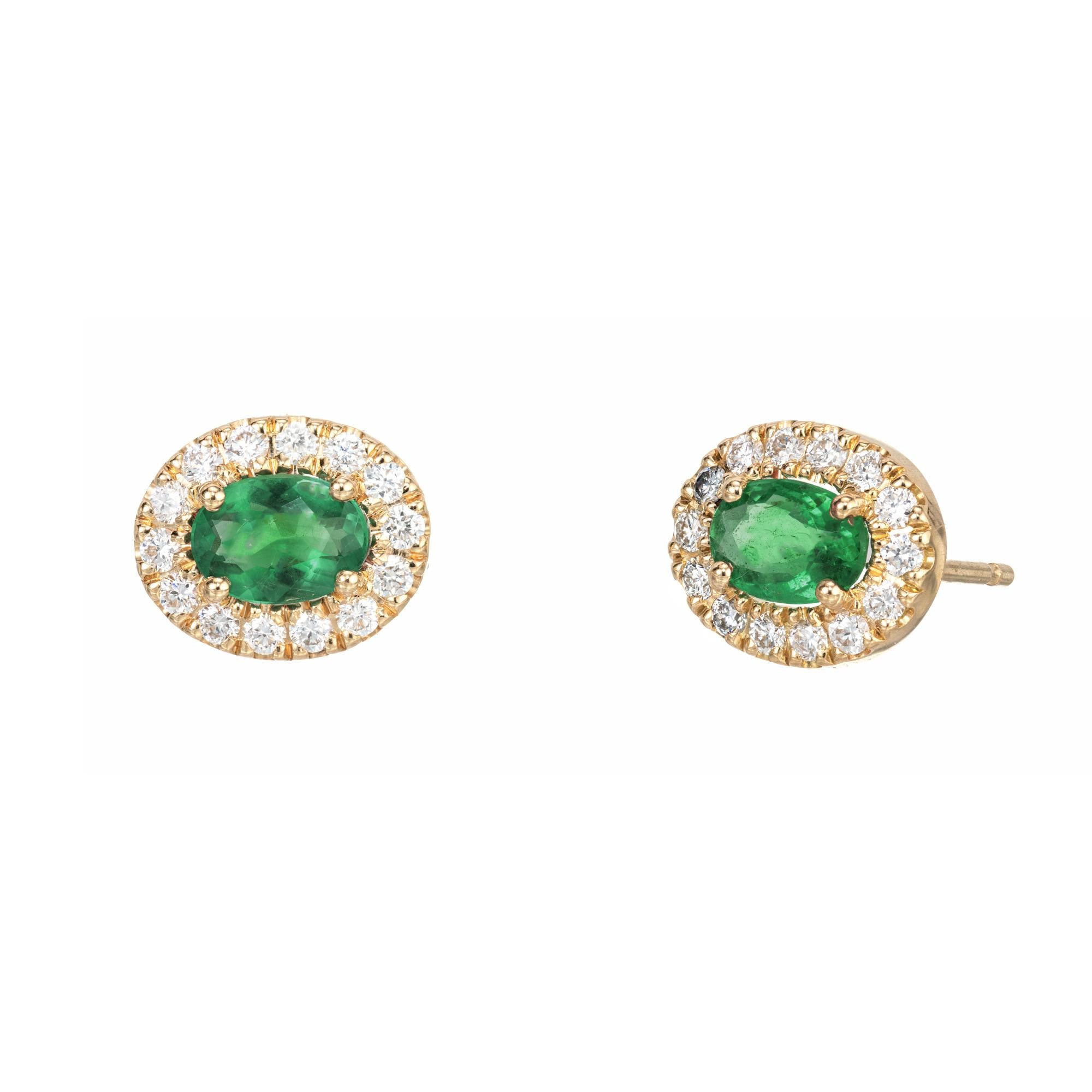 Oval Cut Peter Suchy .81 Cart Oval Emerald Diamond Halo Yellow Gold Earrings For Sale