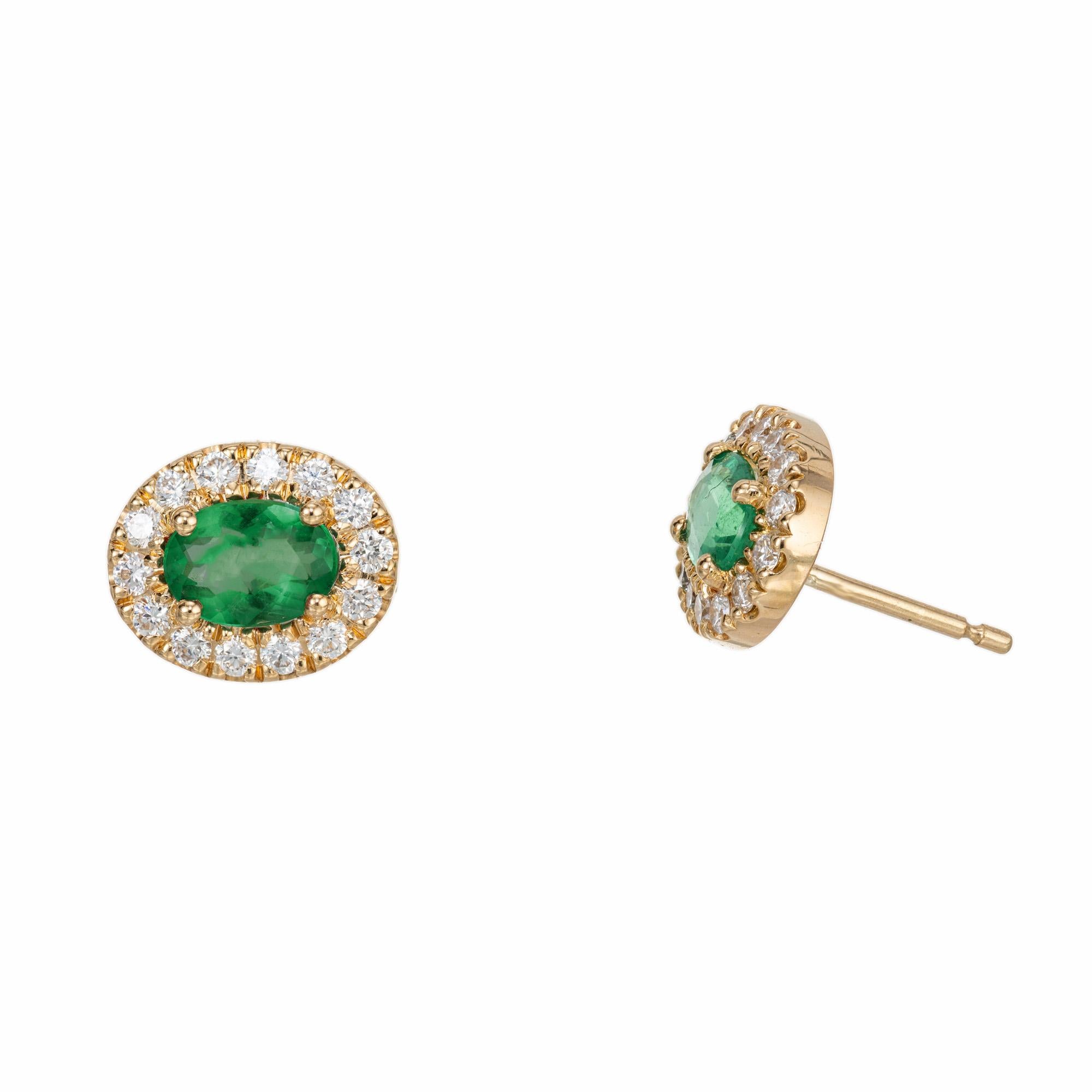 Peter Suchy .81 Cart Oval Emerald Diamond Halo Yellow Gold Earrings In New Condition For Sale In Stamford, CT