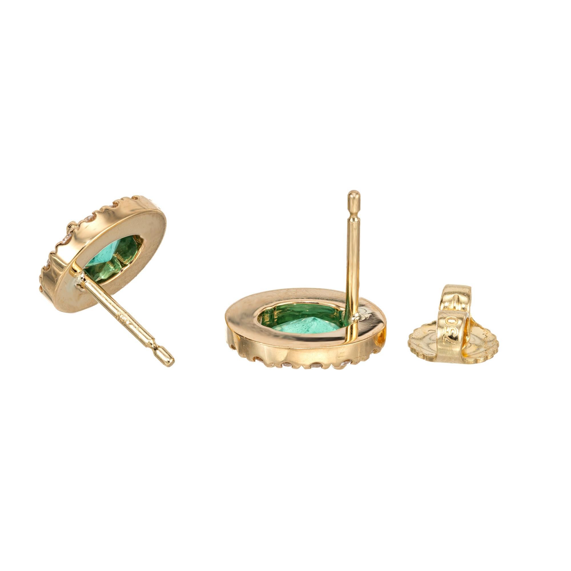 Women's Peter Suchy .81 Cart Oval Emerald Diamond Halo Yellow Gold Earrings For Sale