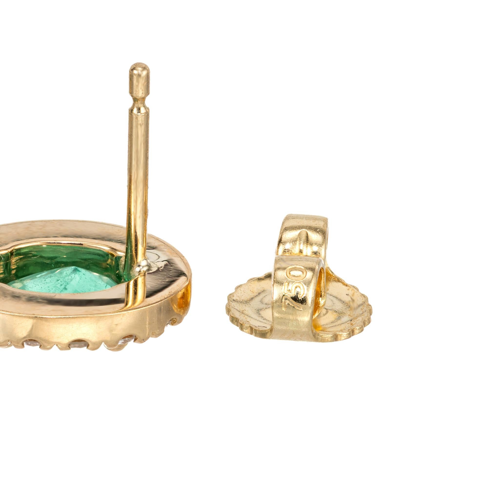 Peter Suchy .81 Cart Oval Emerald Diamond Halo Yellow Gold Earrings For Sale 1