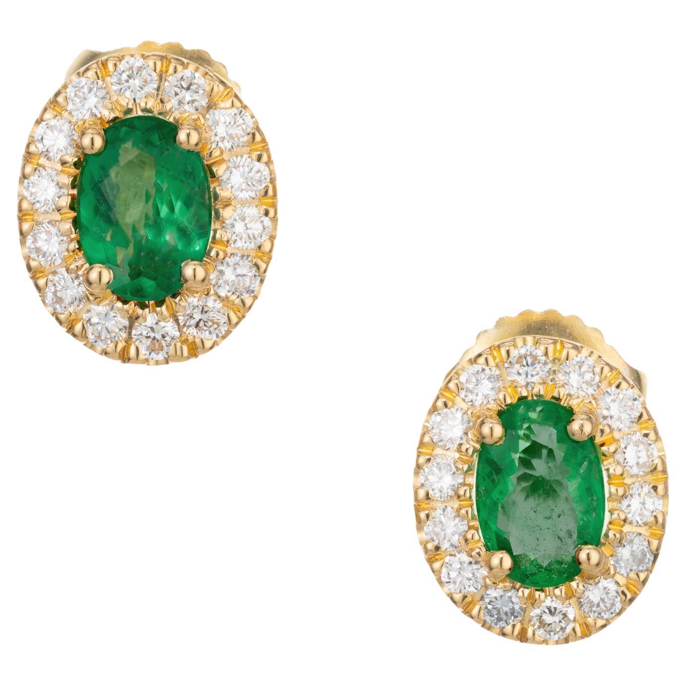 Peter Suchy .81 Cart Oval Emerald Diamond Halo Yellow Gold Earrings For Sale