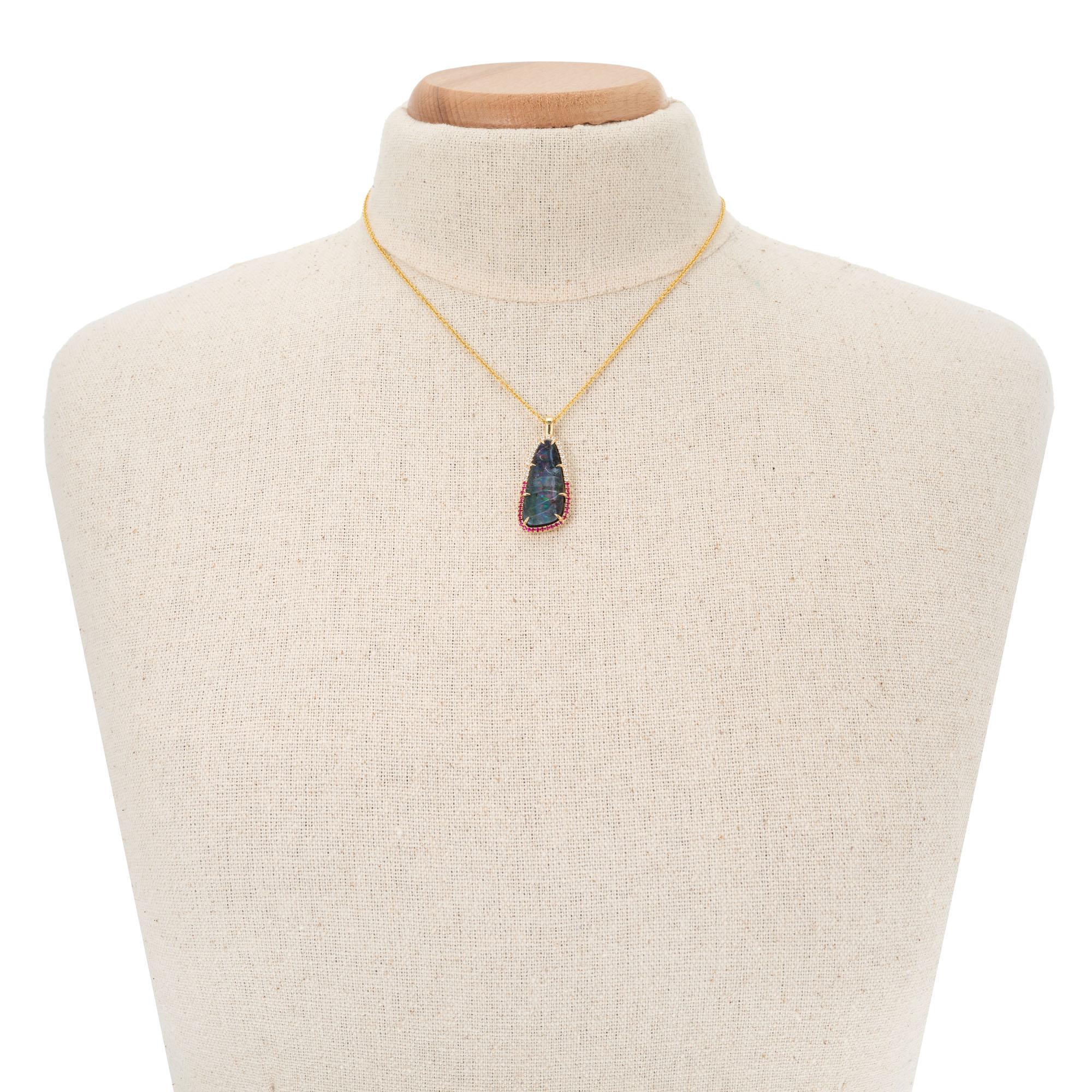 Peter Suchy 8.16 Carat Boulder Opal Ruby Diamond Yellow Gold Pendant Necklace In New Condition For Sale In Stamford, CT