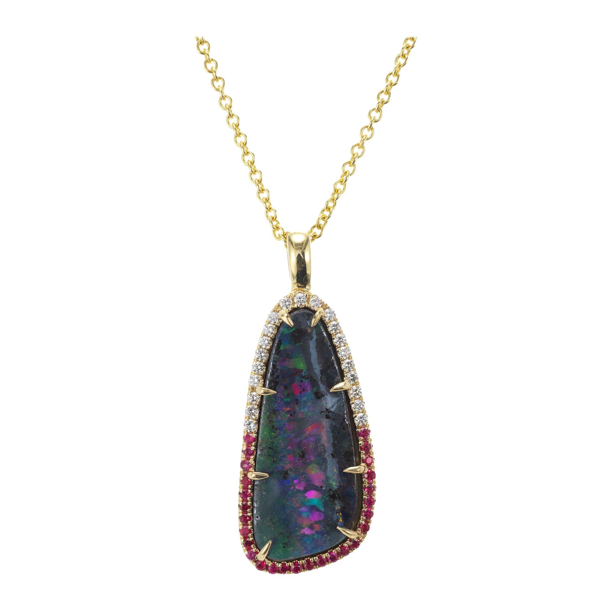 Peter Suchy 8.16 Carat Boulder Opal Ruby Diamond Yellow Gold Pendant Necklace For Sale