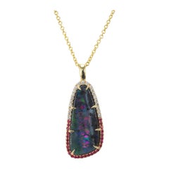 Peter Suchy 8.16 Carat Boulder Opal Ruby Diamond Yellow Gold Pendant Necklace