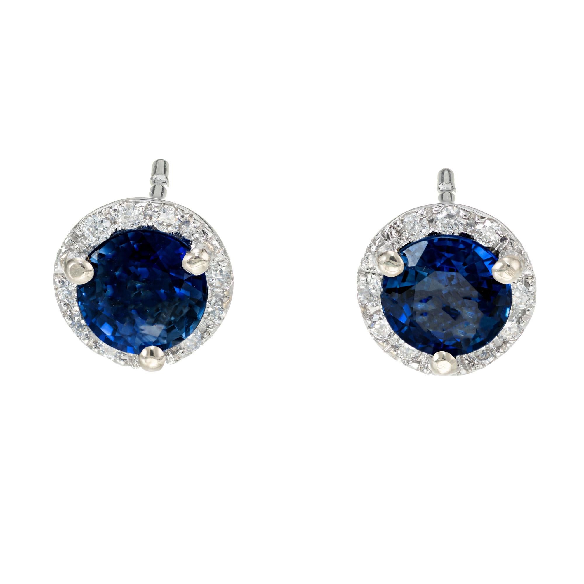 Blue Ceylon sapphire diamond halo earrings in white gold settings  2 round sapphires approx. total weight .83cts. Each with a halo of round diamonds. Designed and crafted in the Peter Suchy workshop.

2 blue sapphire, approx. total weight .83cts
18