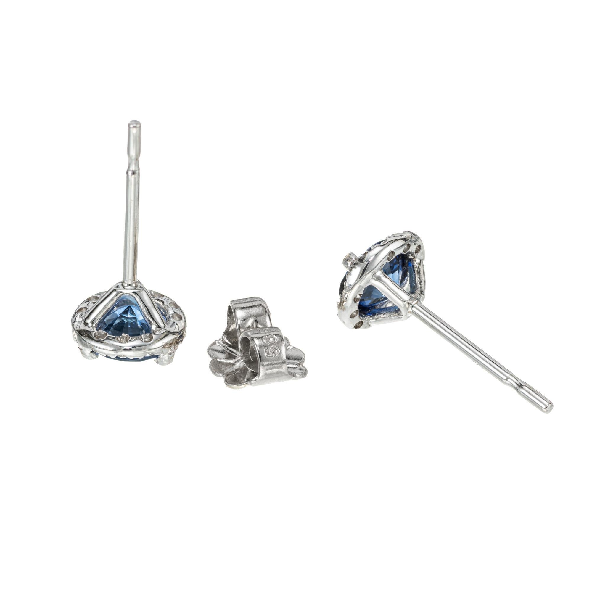 Round Cut Peter Suchy .83 Carat Sapphire Diamond White Gold Halo Earrings For Sale