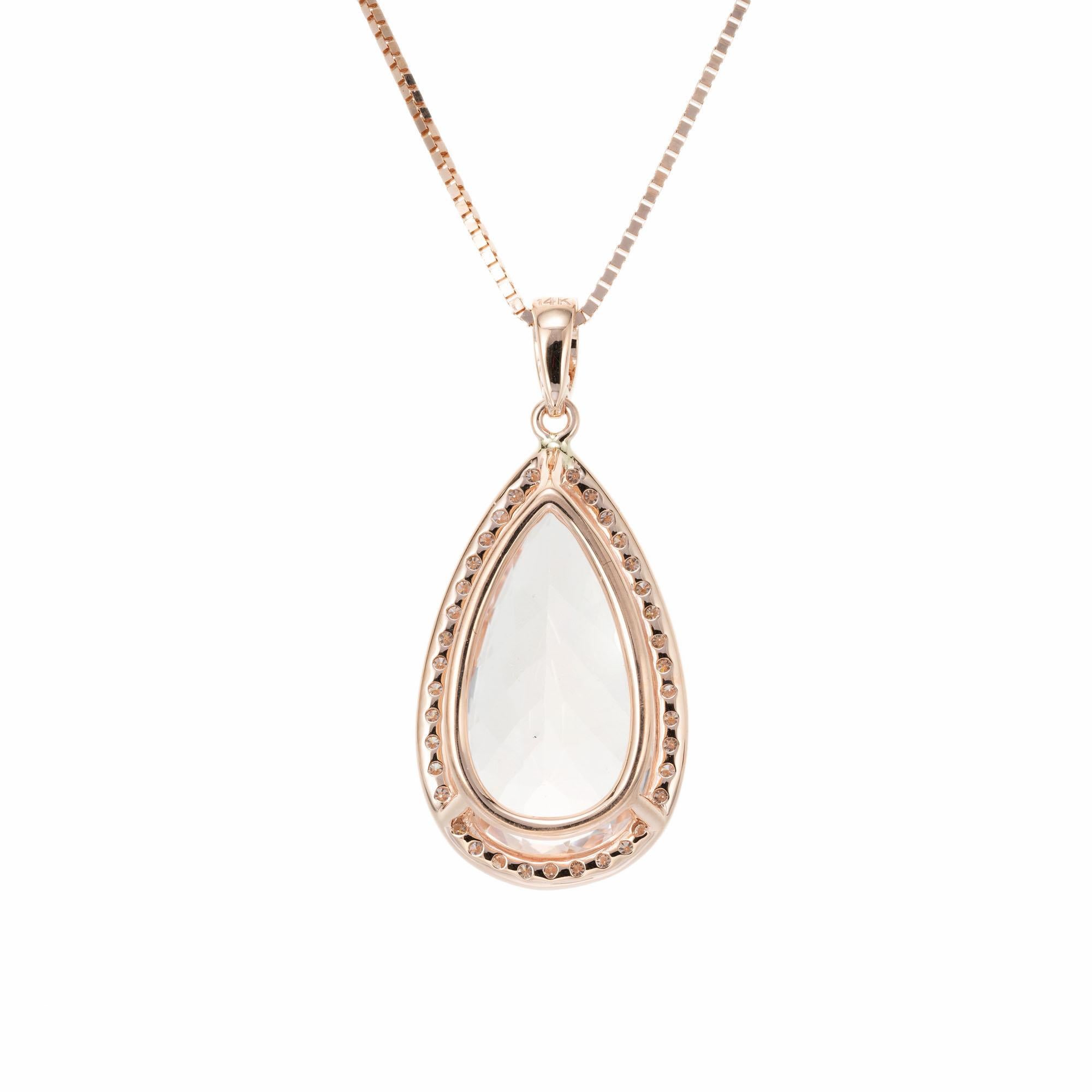 Pear Cut Peter Suchy 8.56 Carat Morganite Halo Diamond Rose Gold Pendant Necklace For Sale